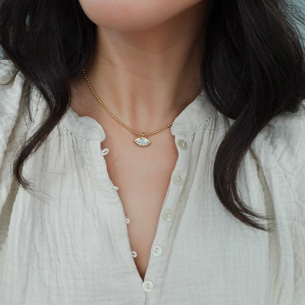 Bezel Set Pendant Beaded Necklace with East West Marquise Cut Diamond - GOODSTONE