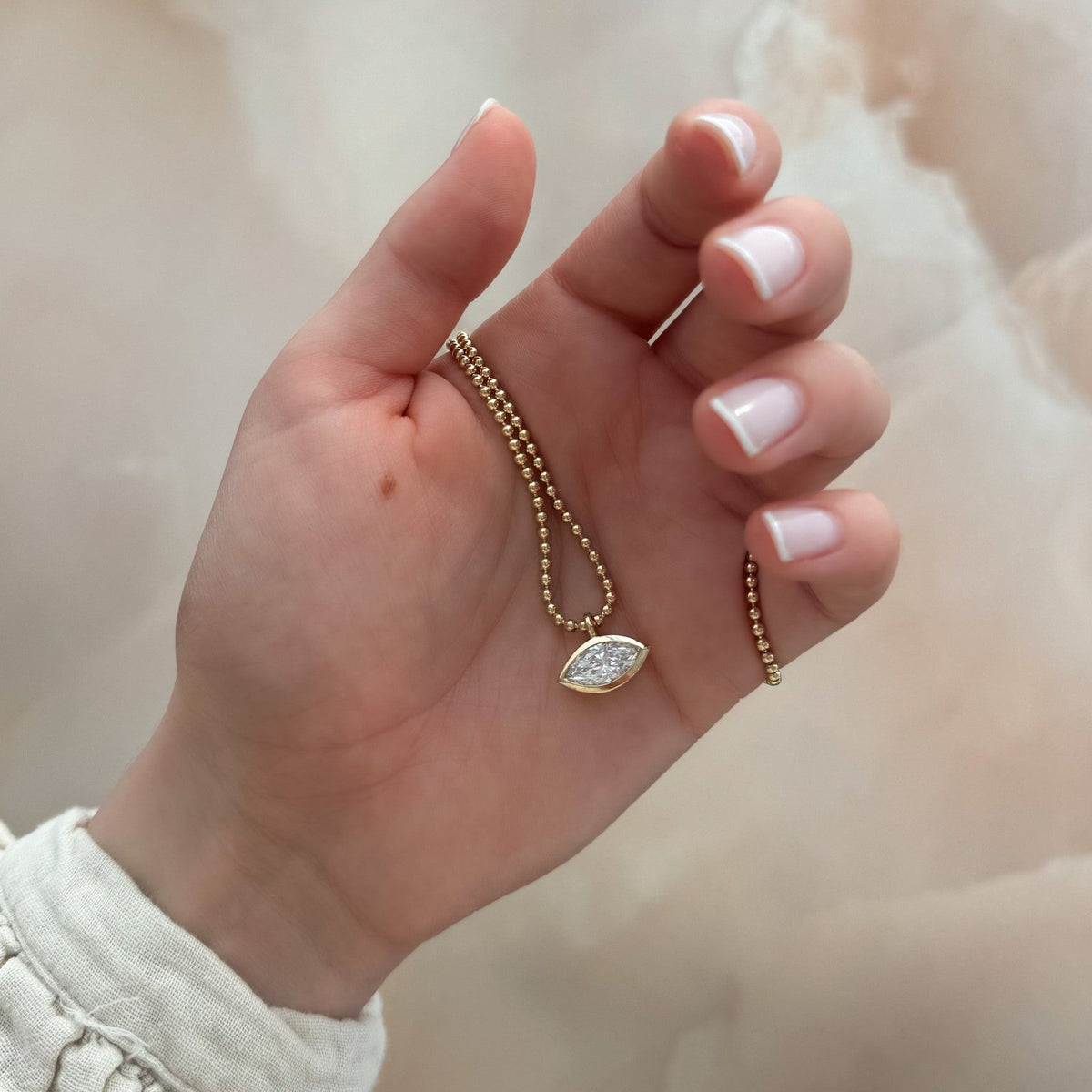 Bezel Set Pendant Beaded Necklace with East West Marquise Cut Diamond - GOODSTONE