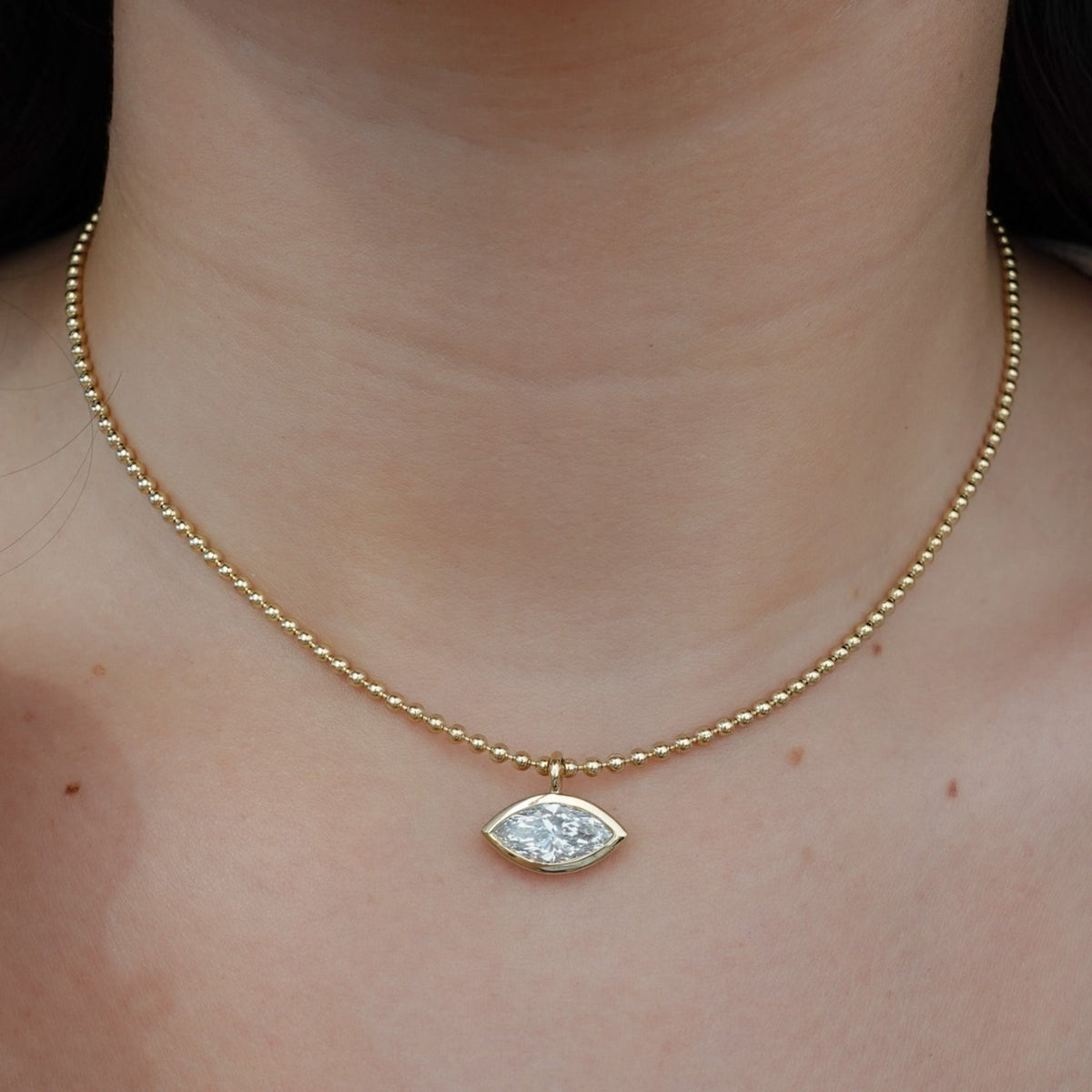 Bezel Set Pendant Beaded Necklace with East West Marquise Cut Diamond - GOODSTONE