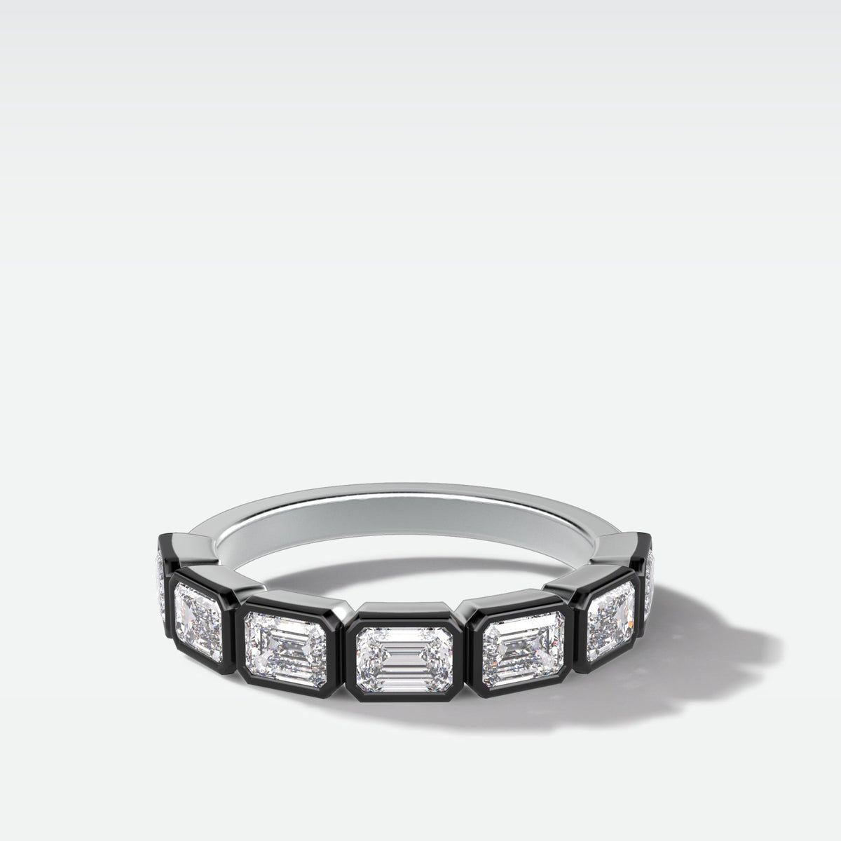 Blackened Midi Bezel Set Halfway Wedding Band With East West Emerald Cuts - GOODSTONE