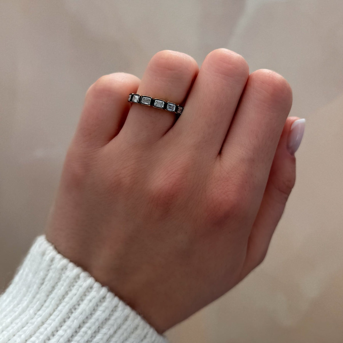 Blackened Midi Bezel Set Halfway Wedding Band With East West Emerald Cuts - GOODSTONE