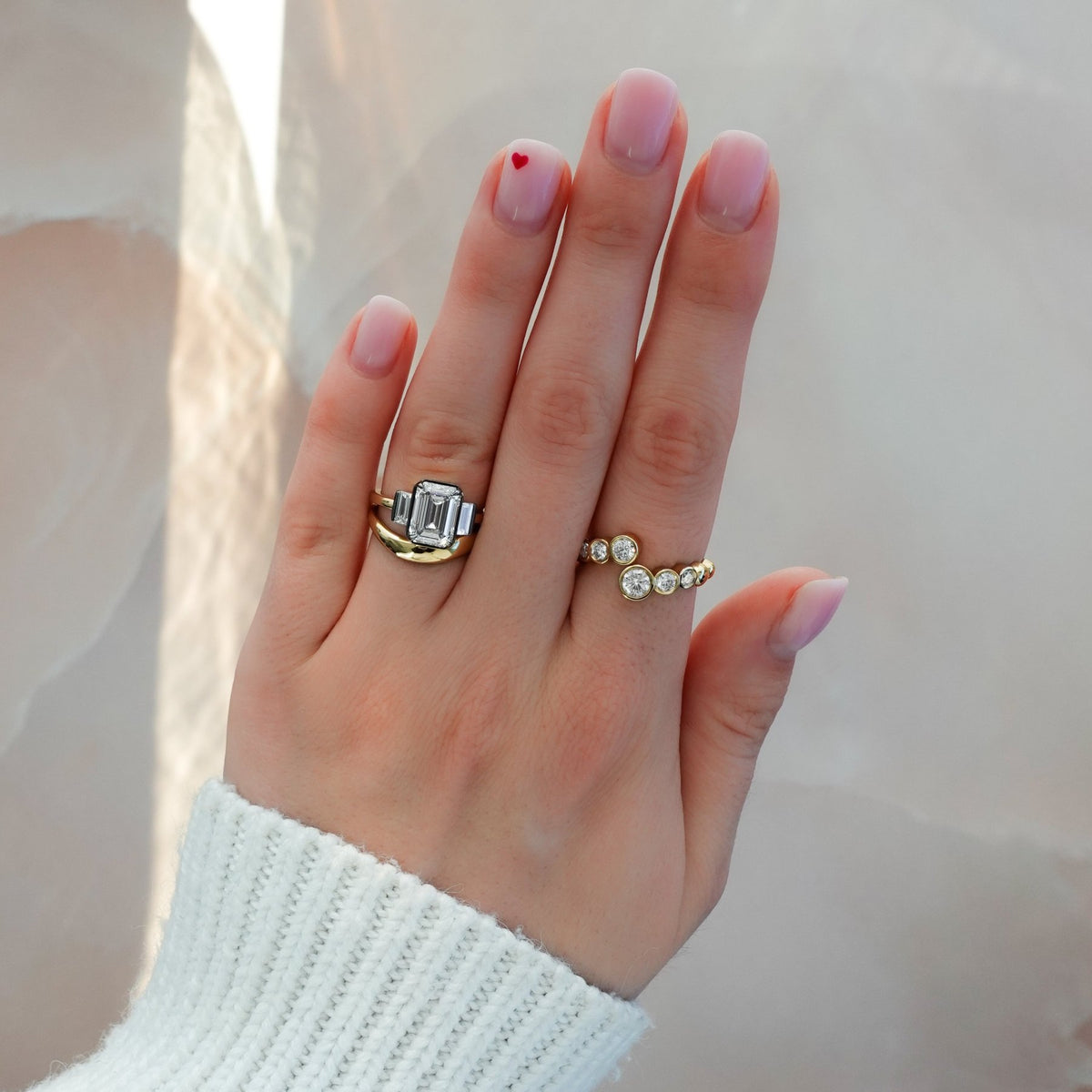 Blackened Three Stone Engagement Ring With Straight Baguette Side Stones and Emerald Cut Diamond - GOODSTONE