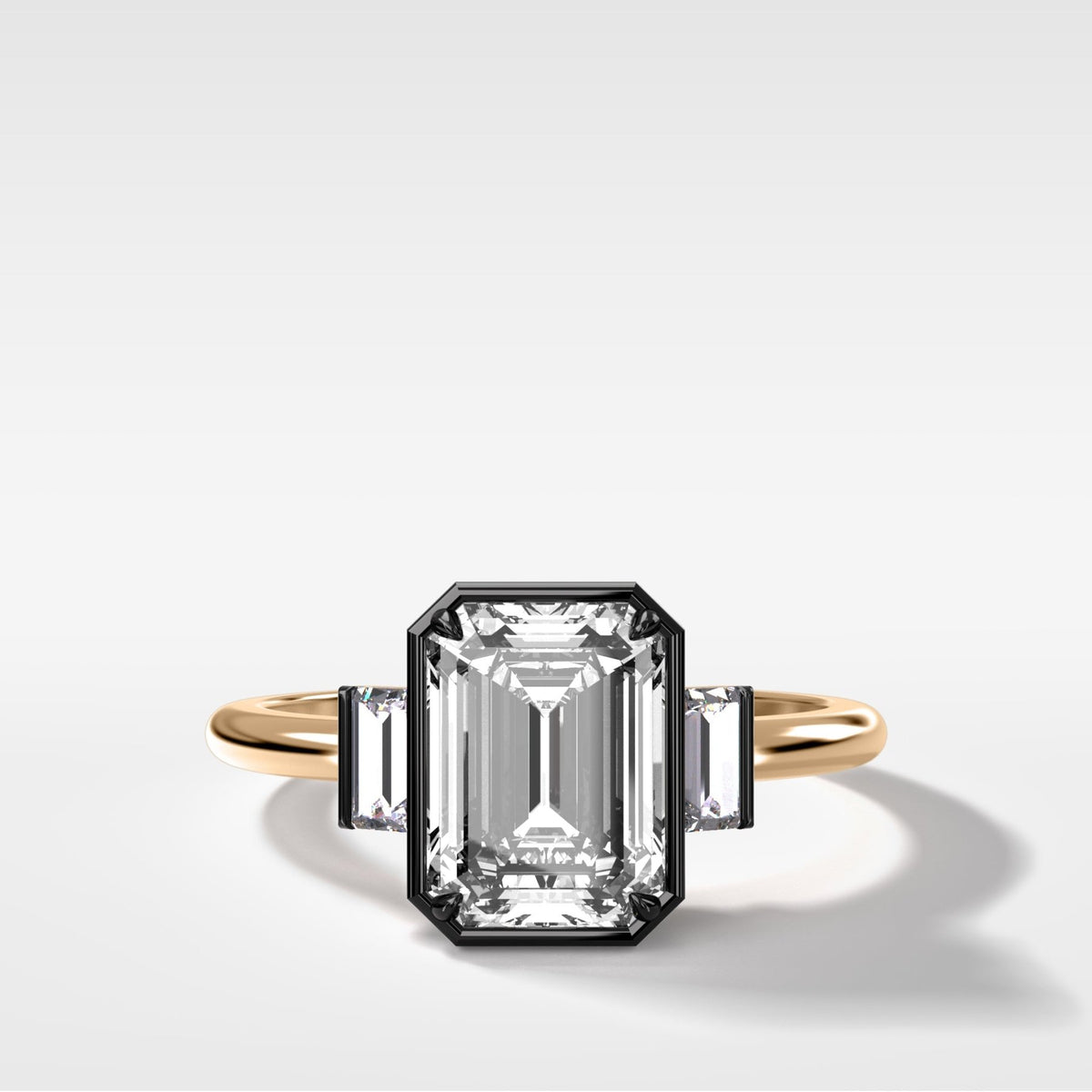 Blackened Three Stone Engagement Ring With Straight Baguette Side Stones and Emerald Cut Diamond - GOODSTONE