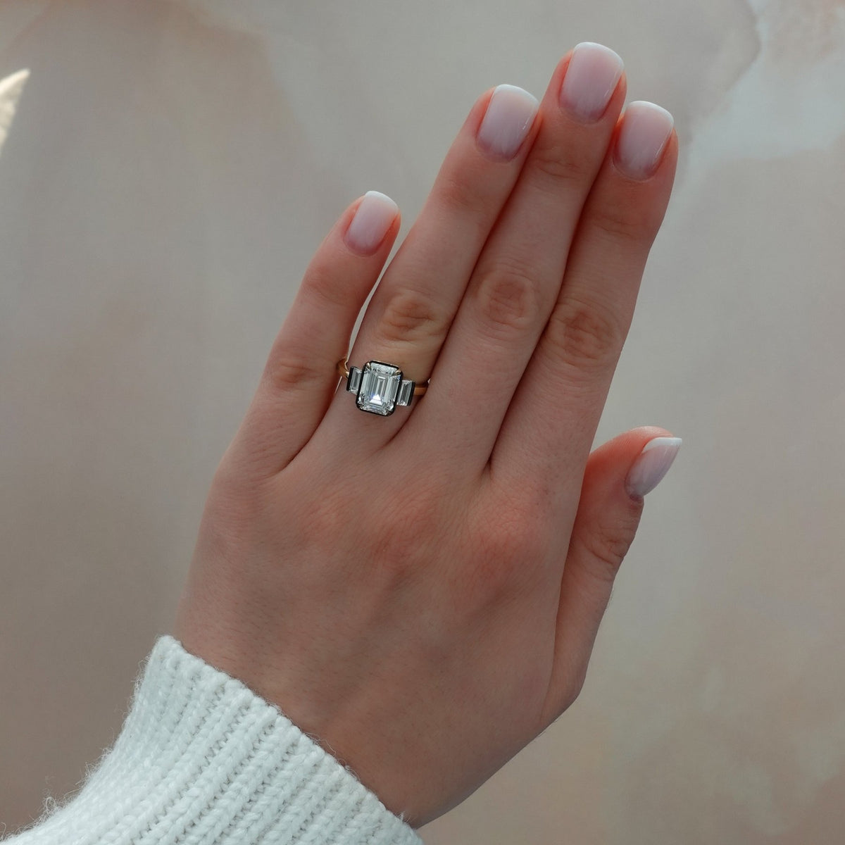 Blackened Three Stone Engagement Ring With Straight Baguette Side Stones and Emerald Cut Diamond - GOODSTONE