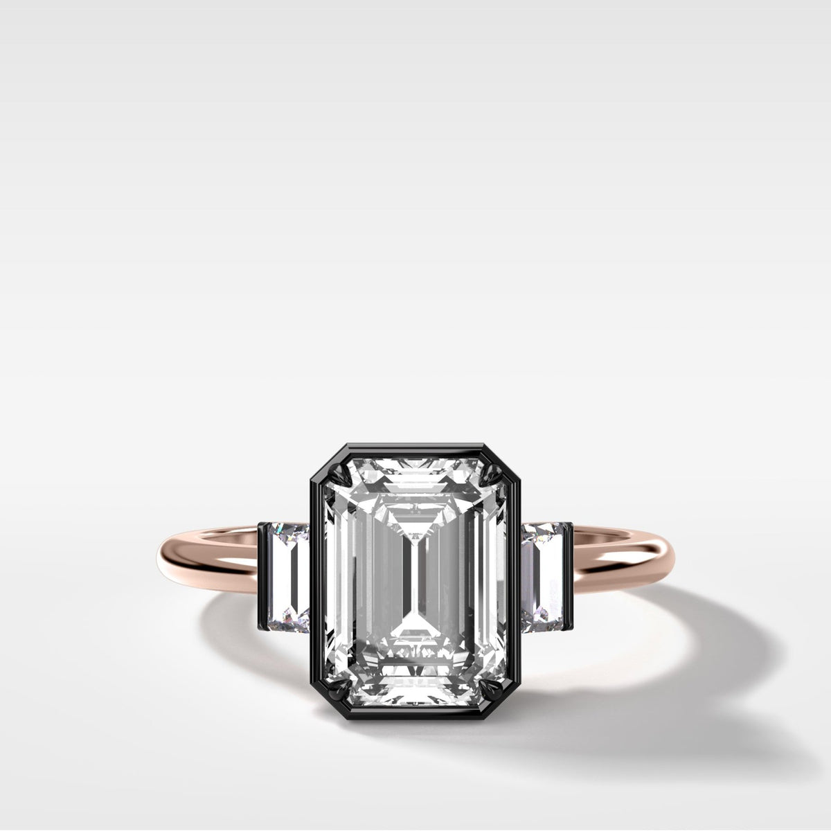 Blackened Three Stone Engagement Ring With Straight Baguette Side Stones and Emerald Cut Diamond - GOODSTONE