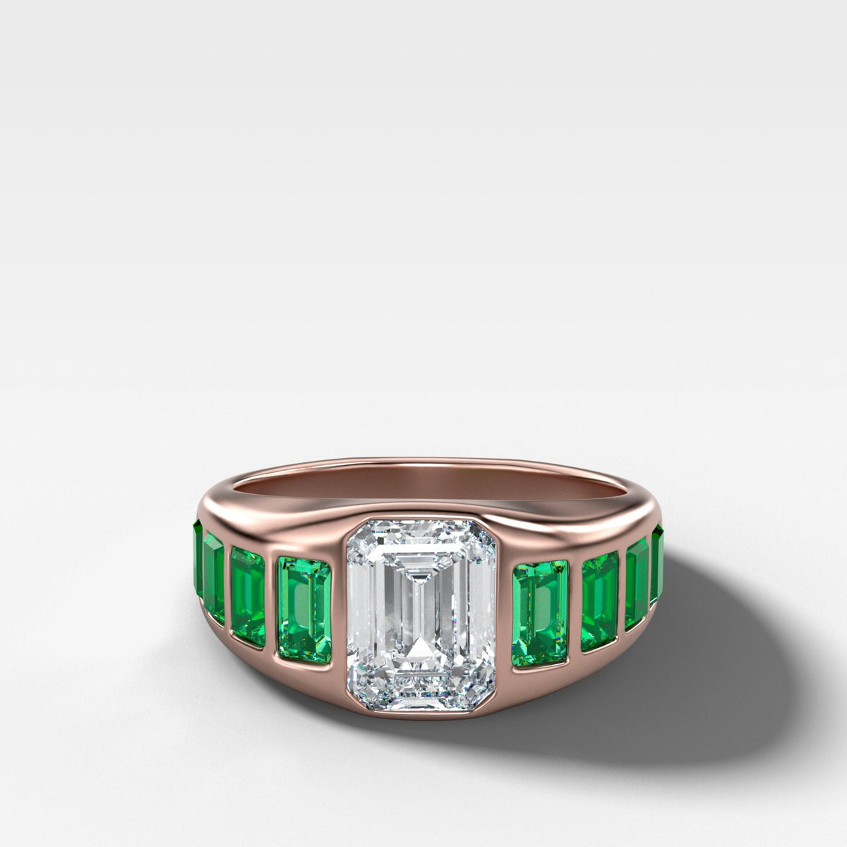 Brick Road Engagement Ring with Green Emeralds and an Emerald Cut - GOODSTONE