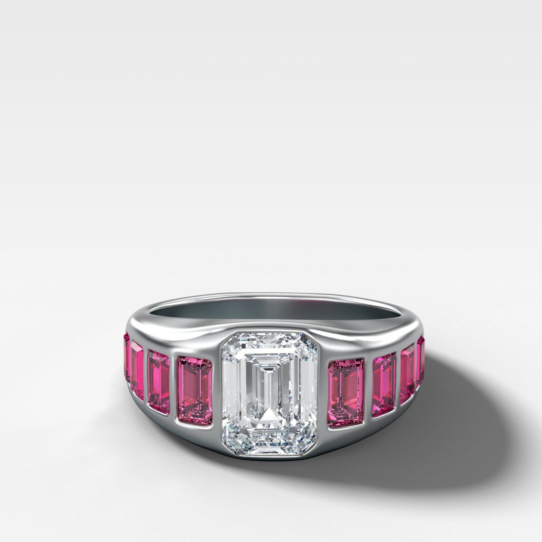 Brick Road Engagement Ring with Ombré Red Rubies and an Emerald Cut - GOODSTONE