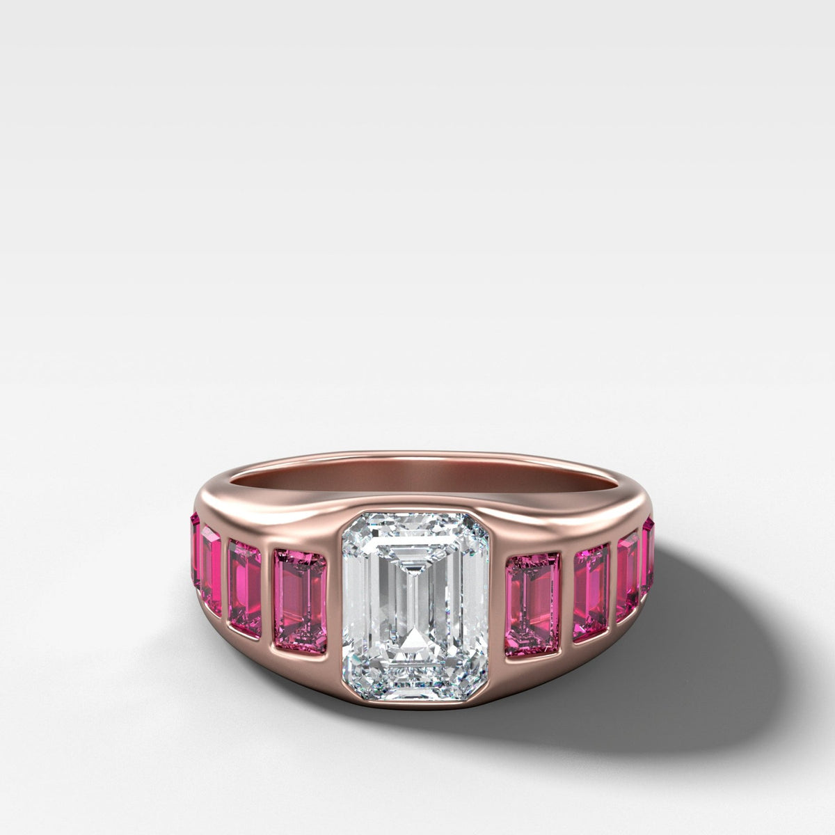 Brick Road Engagement Ring with Ombré Red Rubies and an Emerald Cut - GOODSTONE