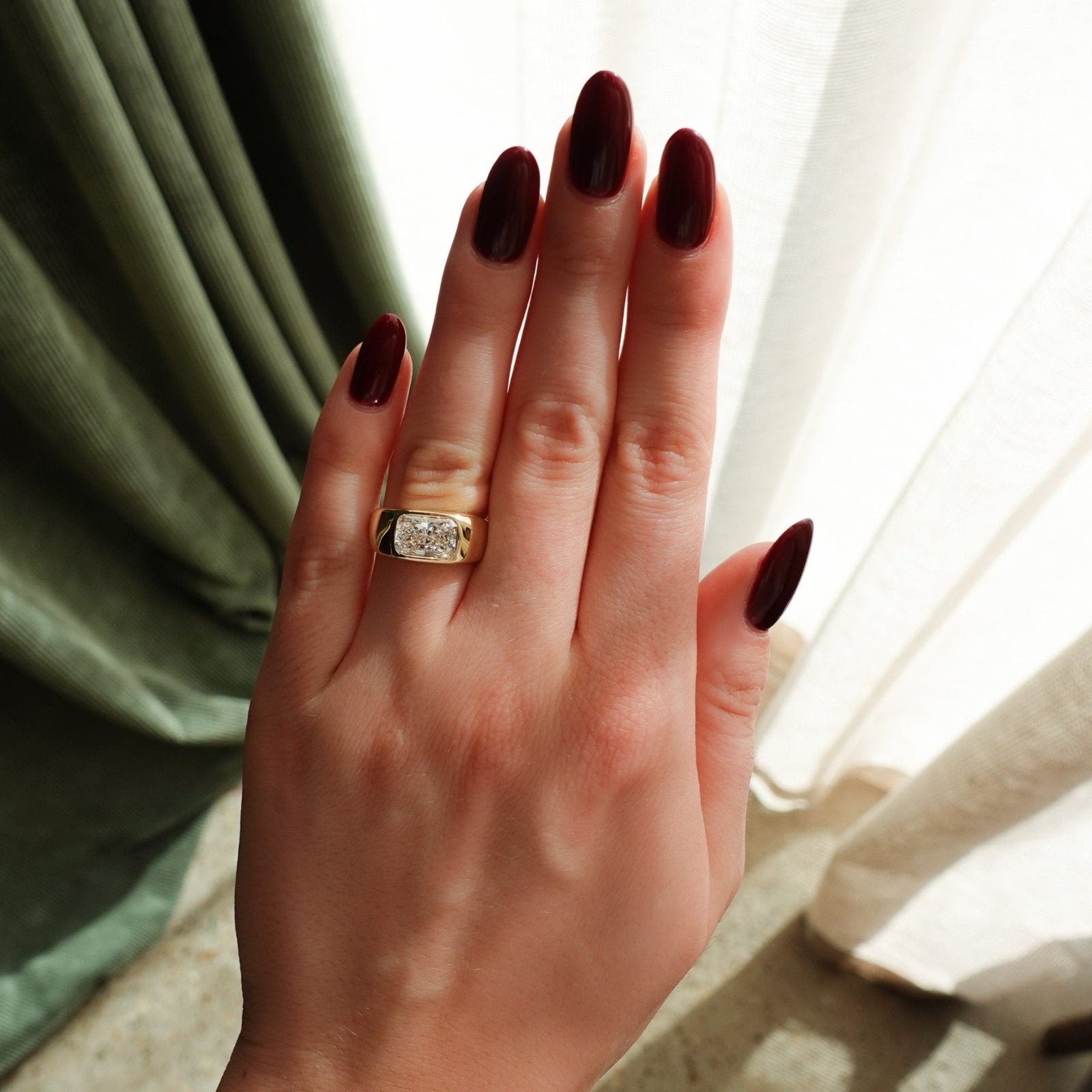 Burnished Solitaire Engagement Ring with 2.51ct Lab Grown Elongated Radiant Cut Diamond - GOODSTONE