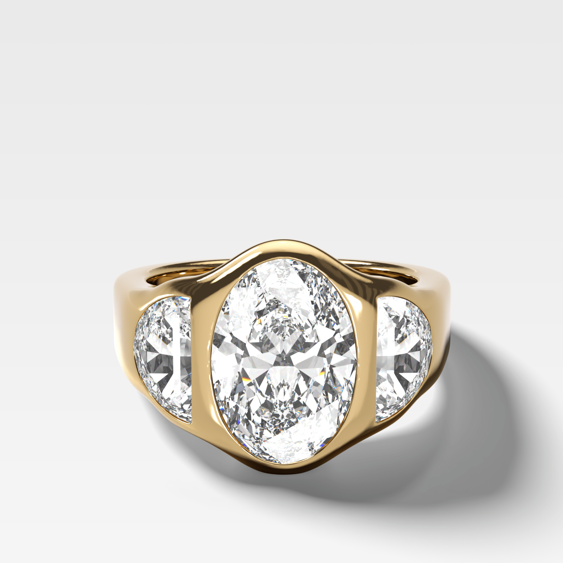 Burnished Three Stone Engagement Ring with Half Moon Sides & Oval Cut Diamond - GOODSTONE