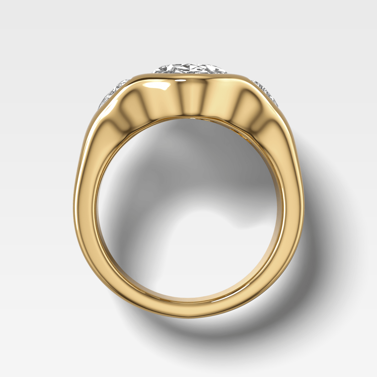 Burnished Three Stone Engagement Ring with Half Moon Sides & Oval Cut Diamond - GOODSTONE