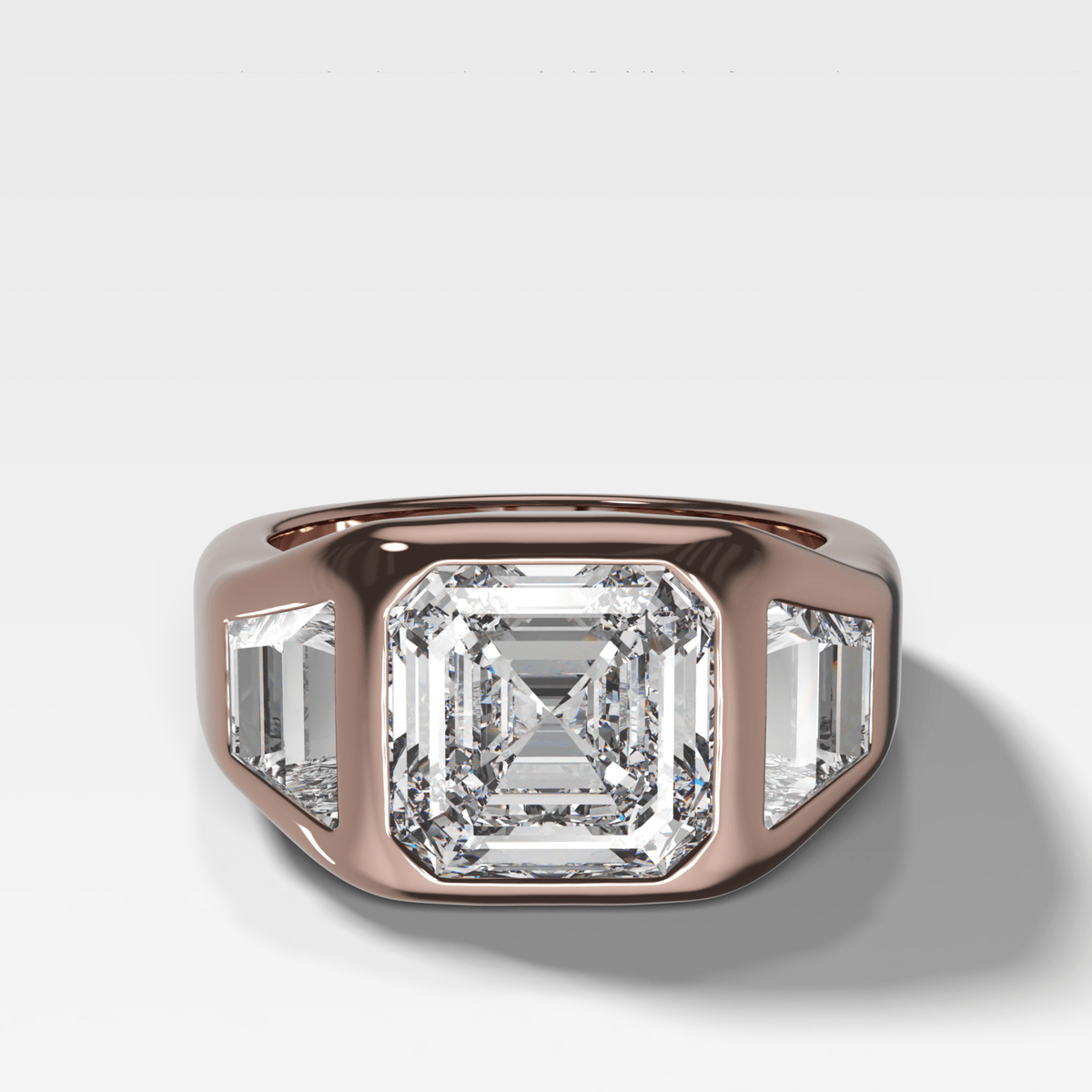 Burnished Three Stone Engagement Ring with Trapezoid Sides & Asscher Cut Diamond - GOODSTONE