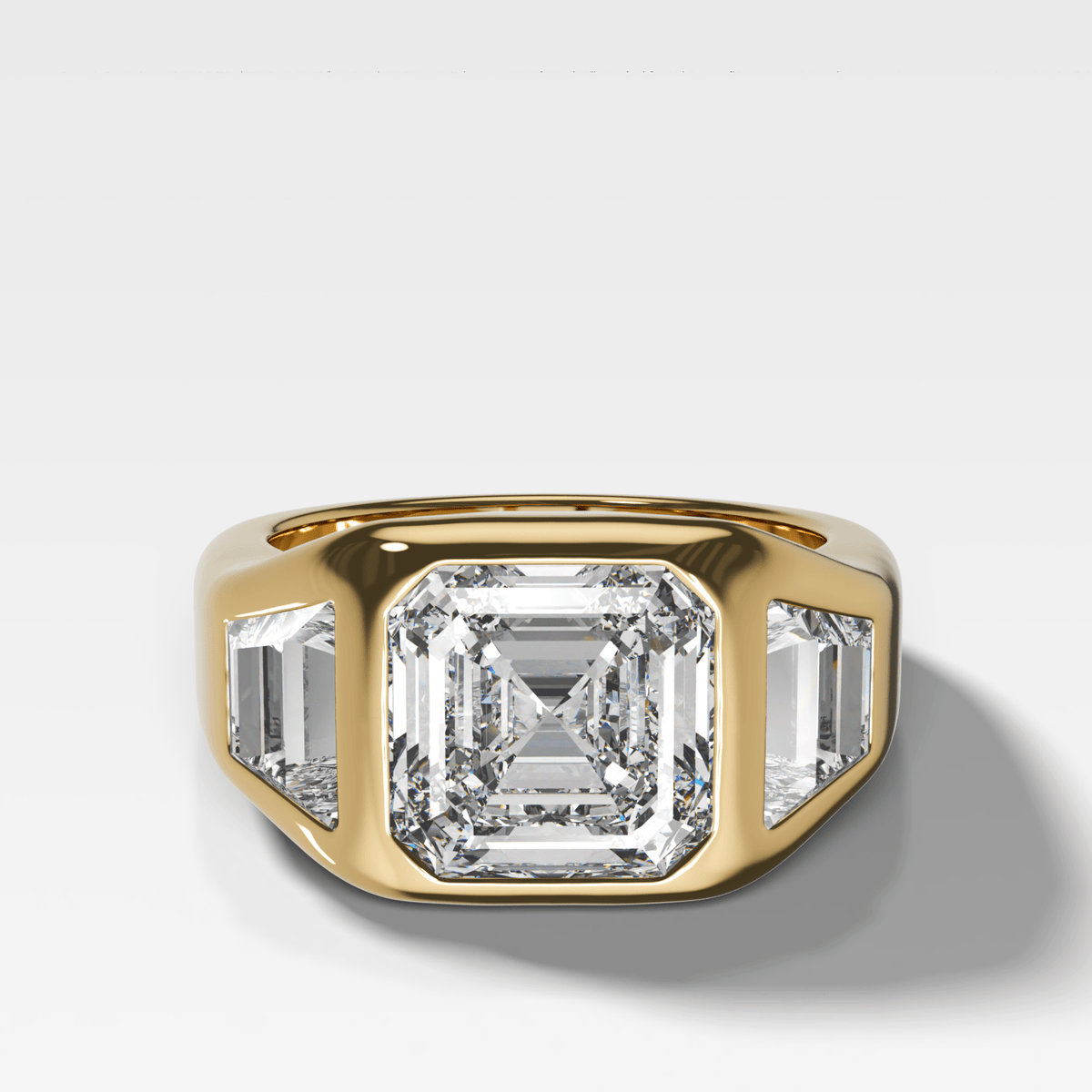 Burnished Three Stone Engagement Ring with Trapezoid Sides & Asscher Cut Diamond - GOODSTONE