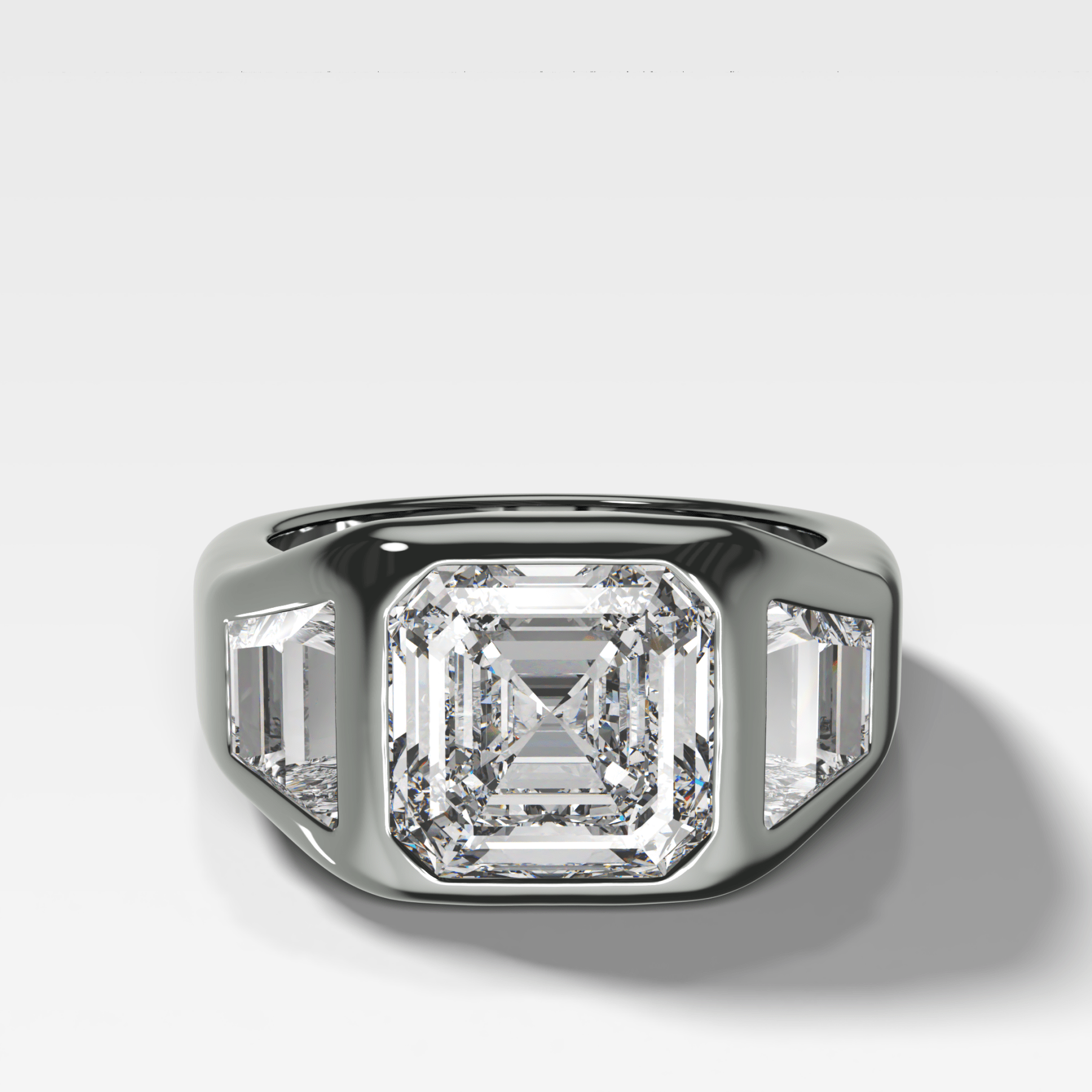 Burnished Three Stone Engagement Ring with Trapezoid Sides & Asscher Cut Diamond - GOODSTONE
