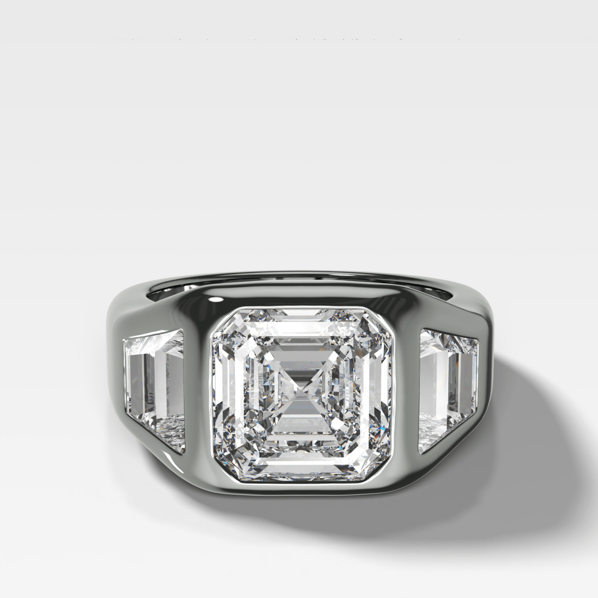Burnished Three Stone Engagement Ring with Trapezoid Sides & Asscher Cut Diamond - GOODSTONE