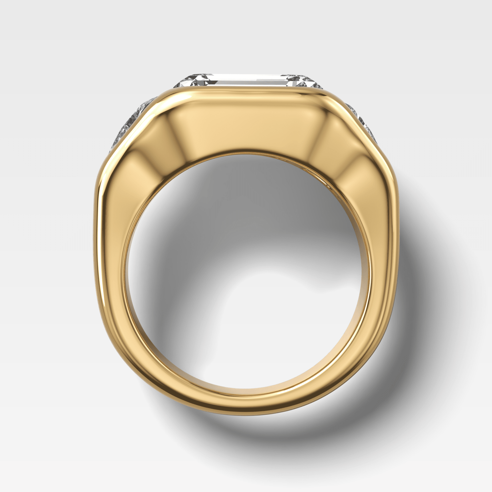 Burnished Three Stone Engagement Ring with Trilliant Sides and East West 2.53ct Lab Grown Emerald Cut Diamond - GOODSTONE