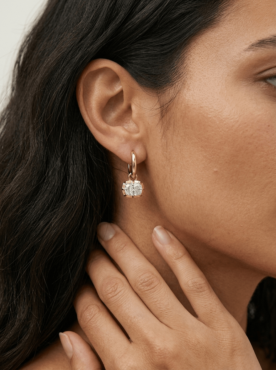 Button Back Drop Earrings with East West Elongated Cushion Cut Diamond - GOODSTONE