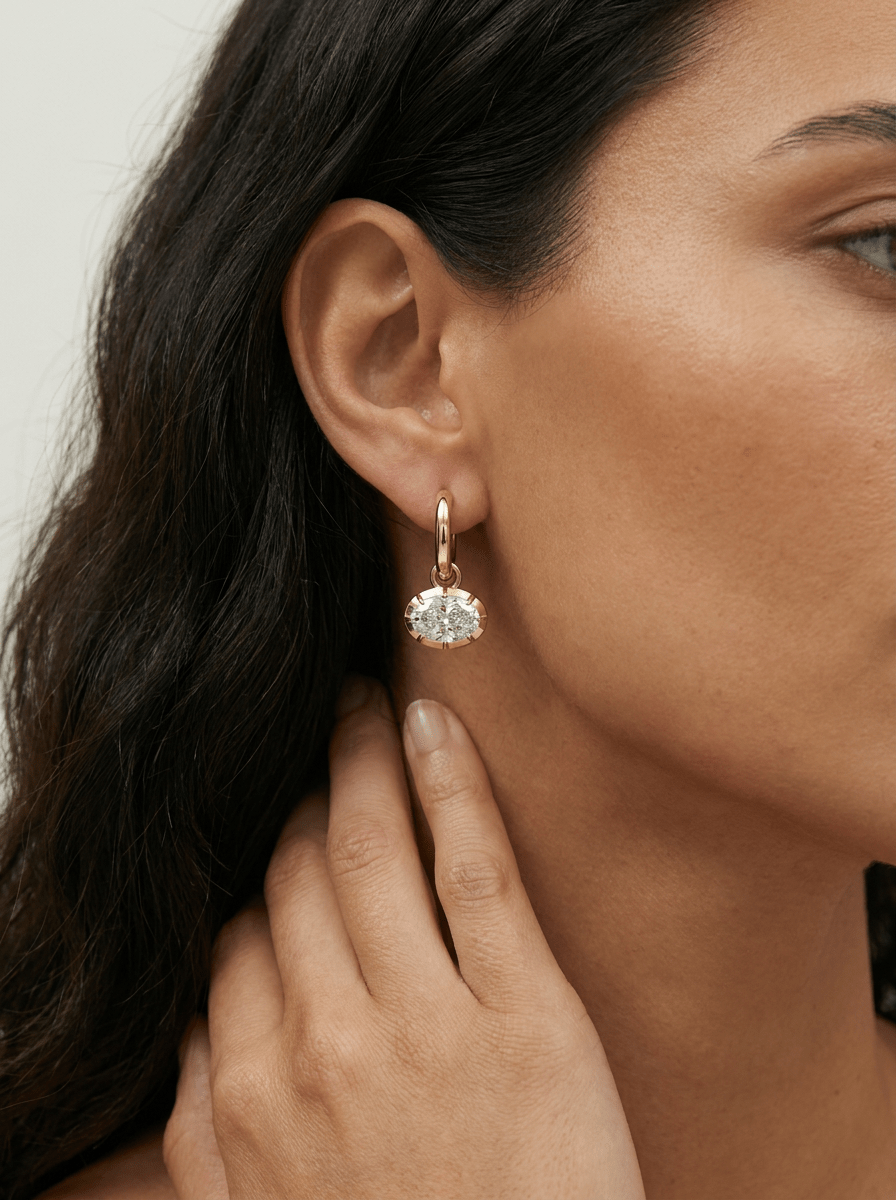 Button Back Drop Earrings with East West Oval Cut Diamond - GOODSTONE