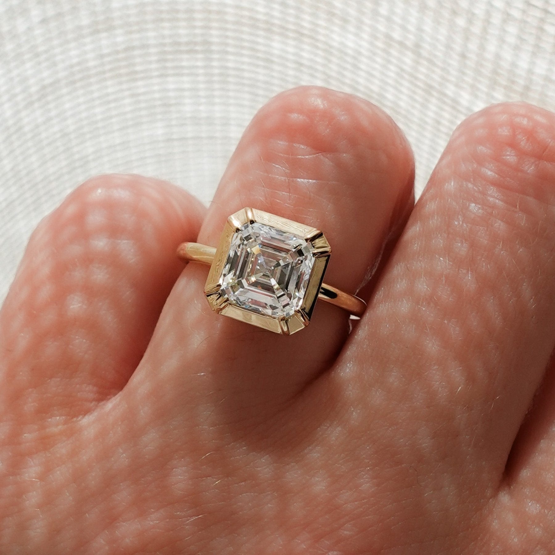 Button Back Engagement Ring set with 3.21ct Lab Grown Asscher Cut Diamond - GOODSTONE