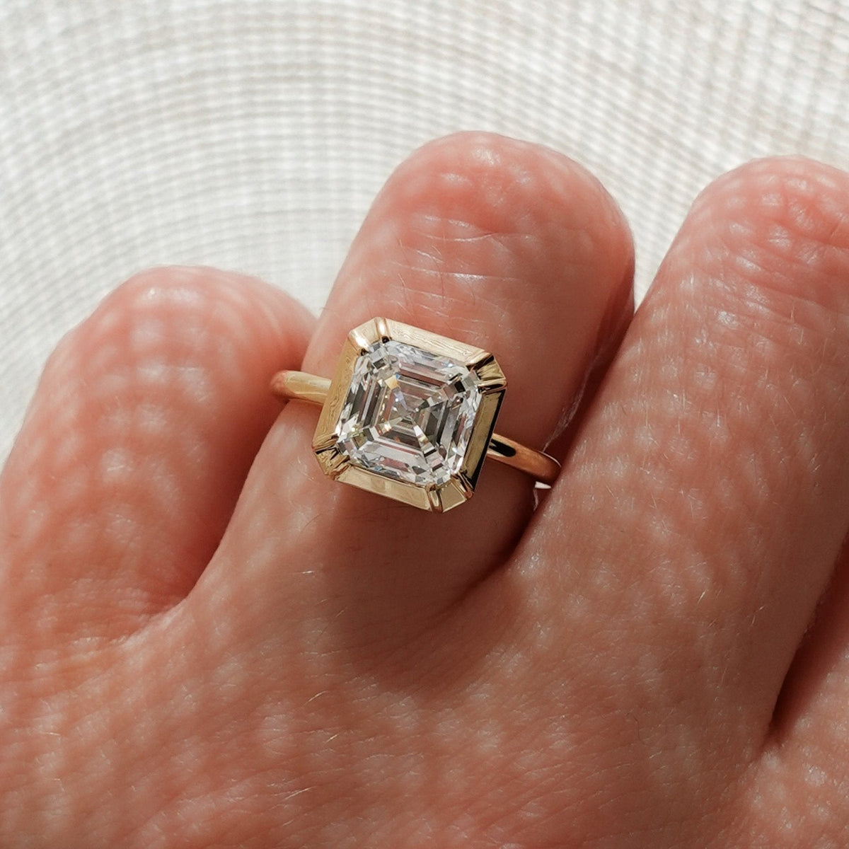Button Back Engagement Ring set with 3.21ct Lab Grown Asscher Cut Diamond - GOODSTONE