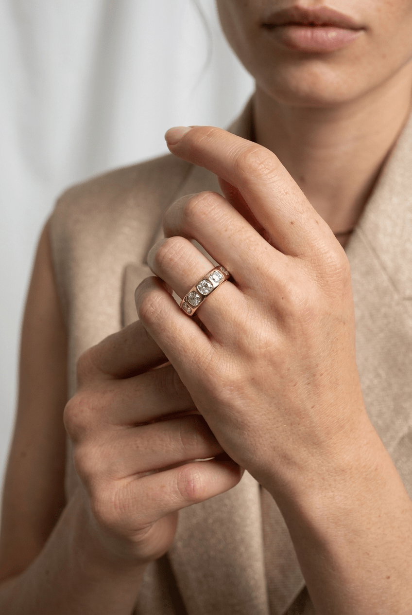 Chunky Burnished Five Stone Wedding Band with Cushion Cut Diamonds - GOODSTONE