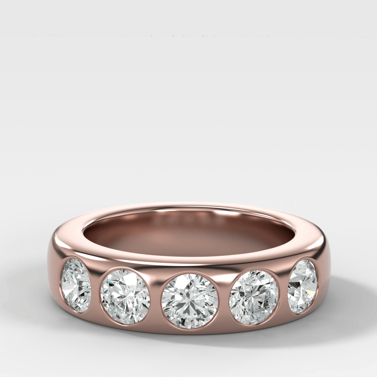 Chunky Burnished Five Stone Wedding Band with Round Cut Diamonds - GOODSTONE