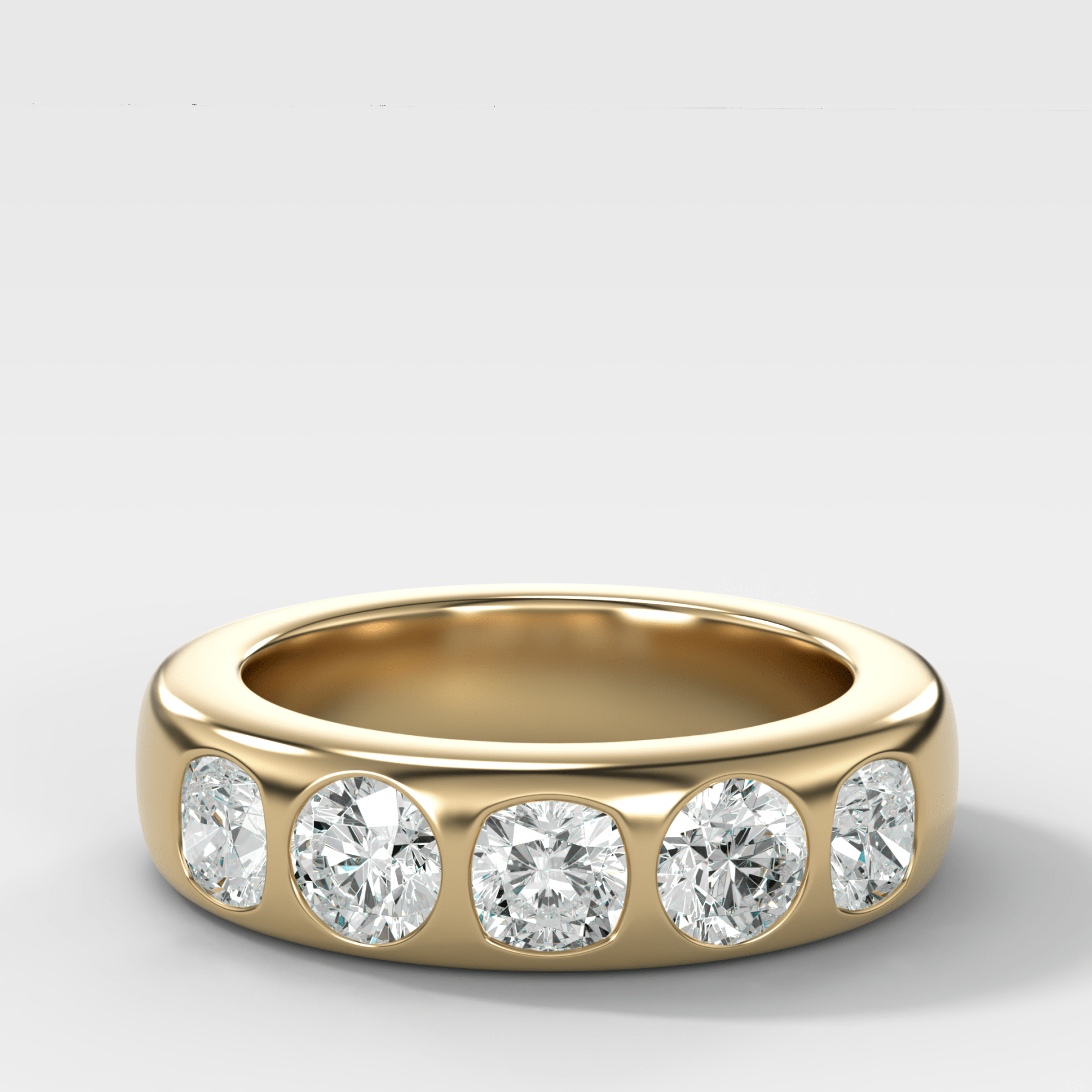 Chunky Burnished Five Stone Wedding Band with with Alternating Cushion and Round Cut Diamonds - GOODSTONE