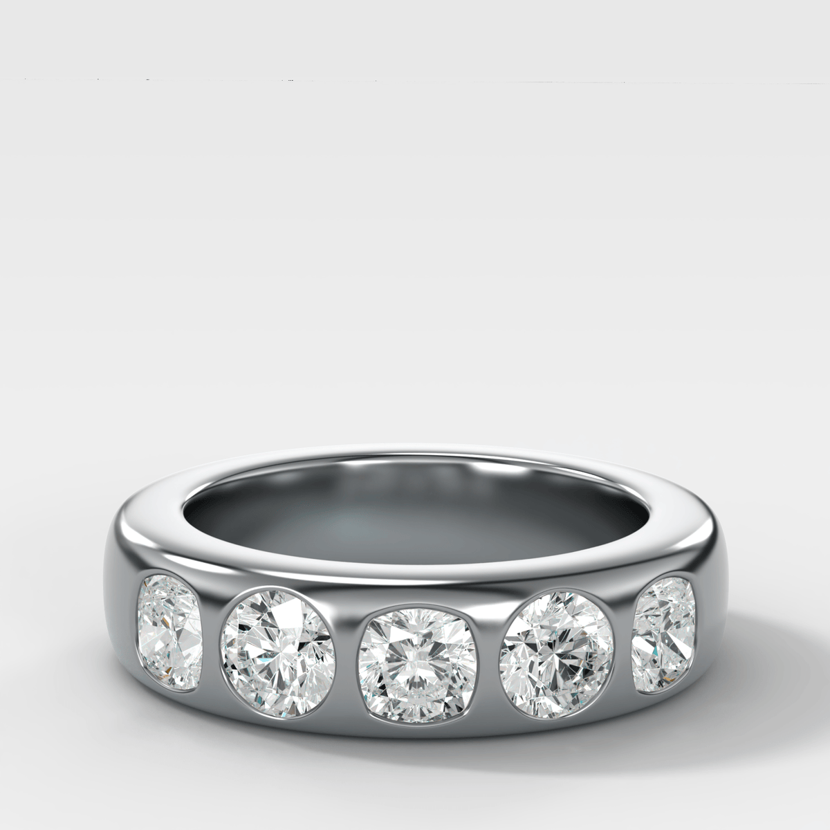 Chunky Burnished Five Stone Wedding Band with with Alternating Cushion and Round Cut Diamonds - GOODSTONE