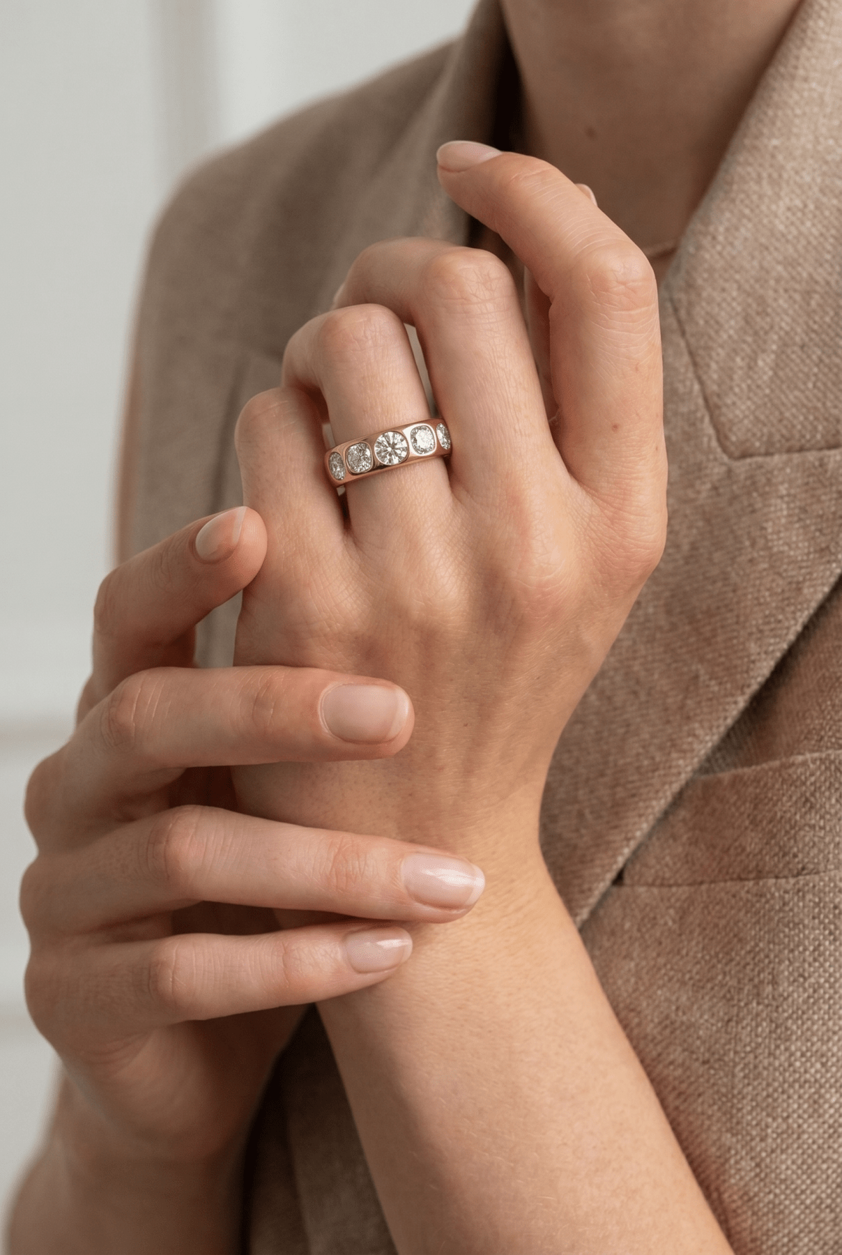 Chunky Burnished Five Stone Wedding Band with with Alternating Round and Cushion Cut Diamonds - GOODSTONE