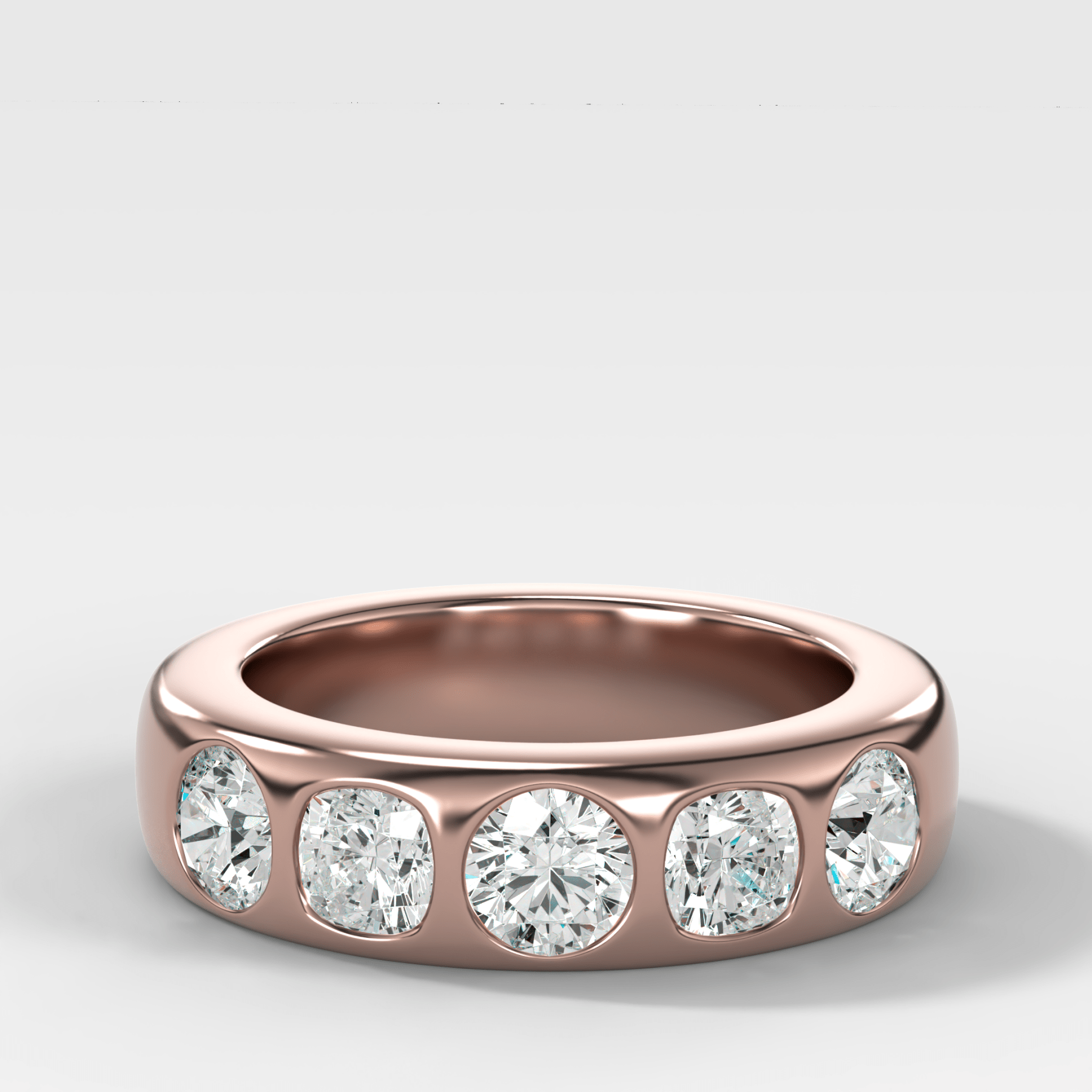 Chunky Burnished Five Stone Wedding Band with with Alternating Round and Cushion Cut Diamonds - GOODSTONE