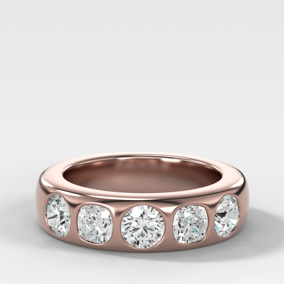 Chunky Burnished Five Stone Wedding Band with with Alternating Round and Cushion Cut Diamonds - GOODSTONE