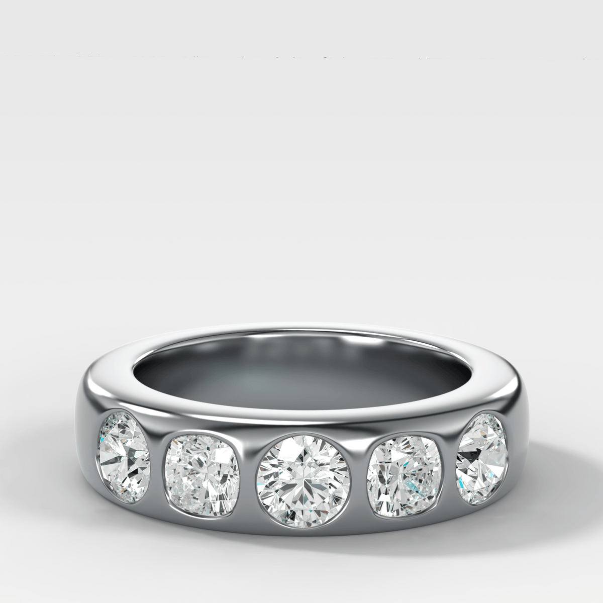 Chunky Burnished Five Stone Wedding Band with with Alternating Round and Cushion Cut Diamonds - GOODSTONE