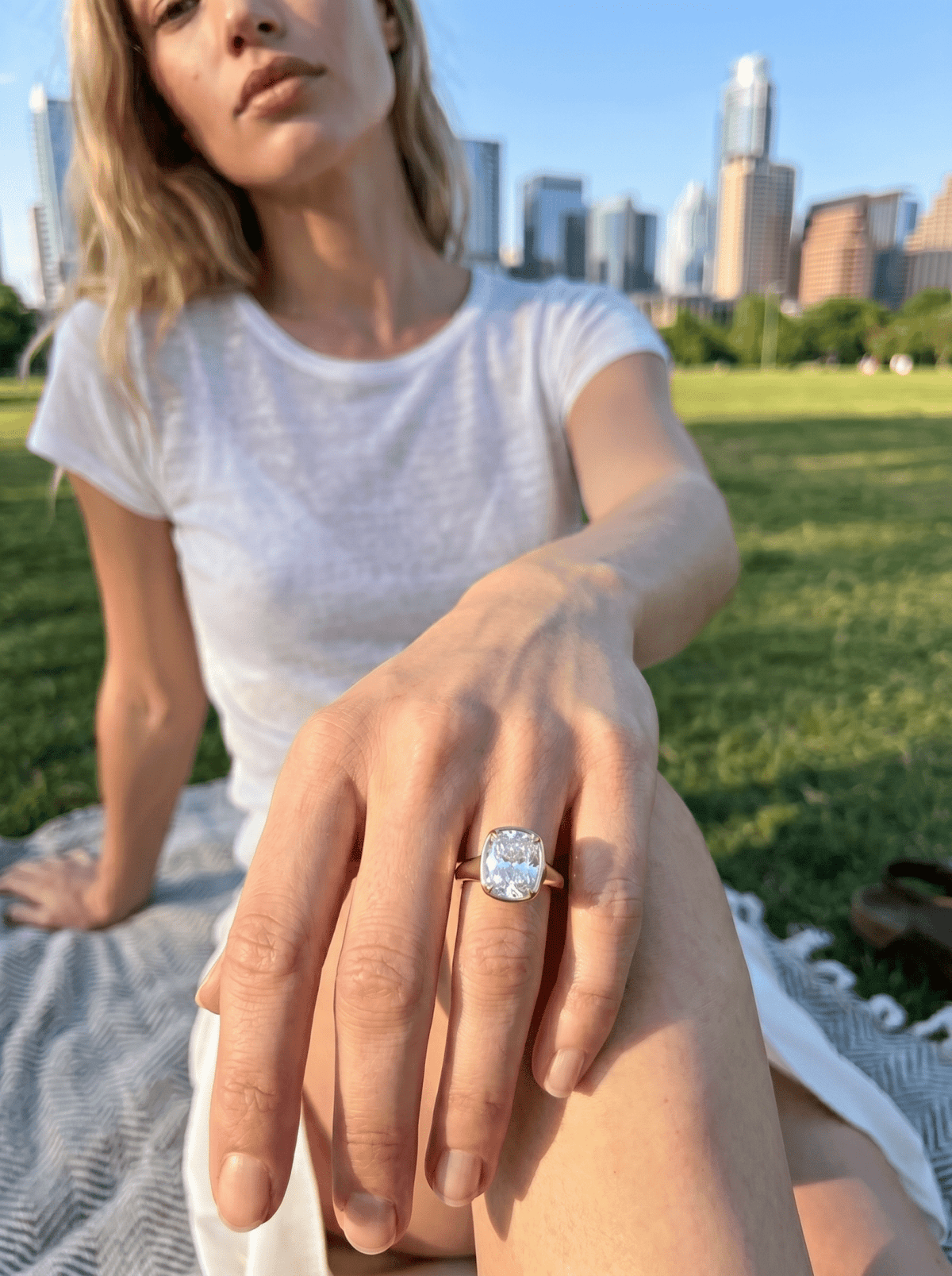 Club Ring Solitaire Engagement Ring With an Elongated Cushion Cut Diamond - GOODSTONE