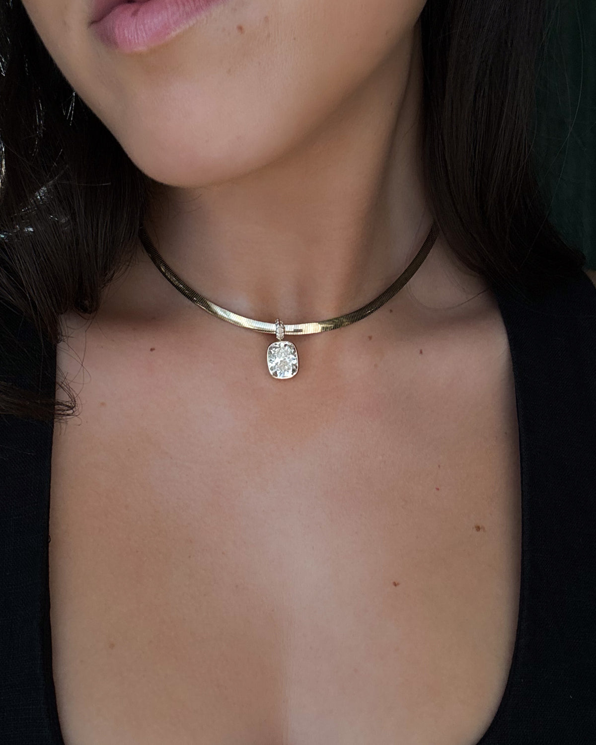 Bezel Set Elongated Cushion Attachable Diamond Pendant with Pavé Knife Edge Bail