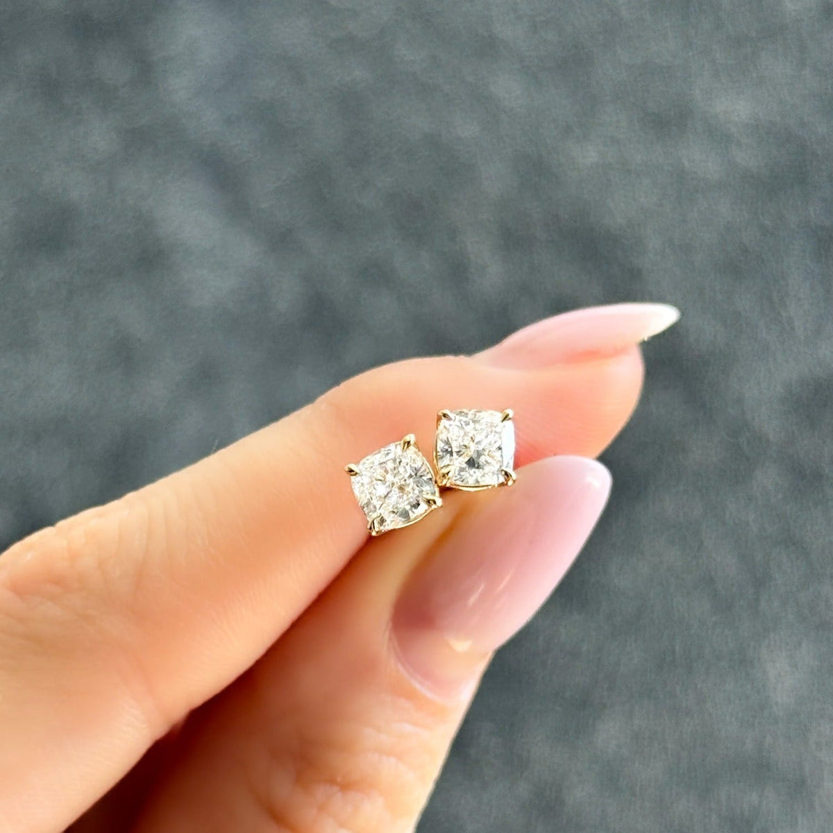 Cushion Cut Single Point Prong Diamond Studs - GOODSTONE