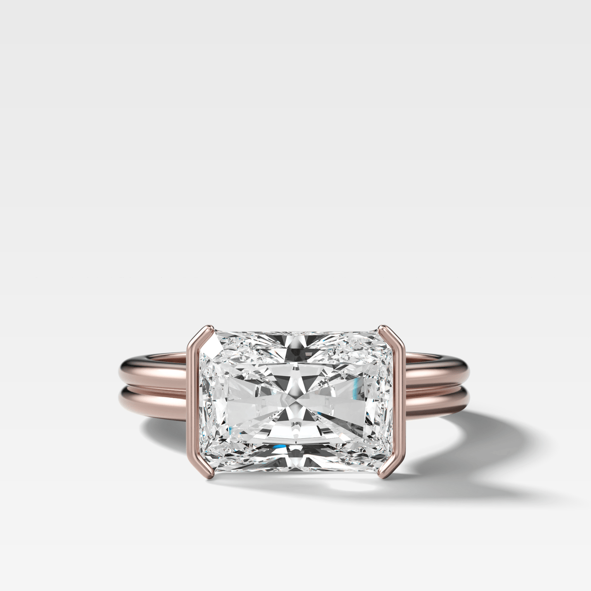 Double Row East West Half Bezel Solitaire Engagement Ring With Elongated Radiant Cut Diamond - GOODSTONE