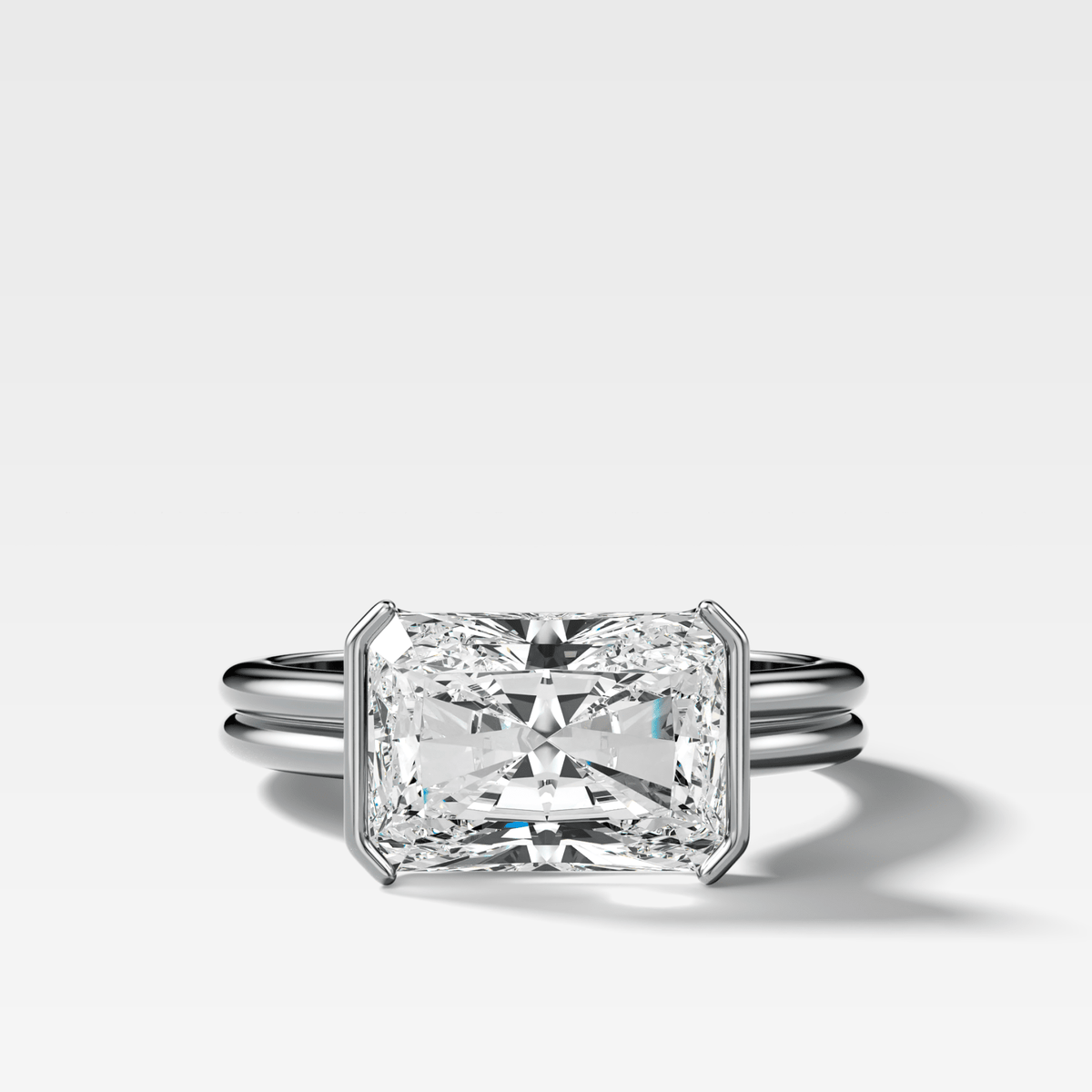 Double Row East West Half Bezel Solitaire Engagement Ring With Elongated Radiant Cut Diamond - GOODSTONE