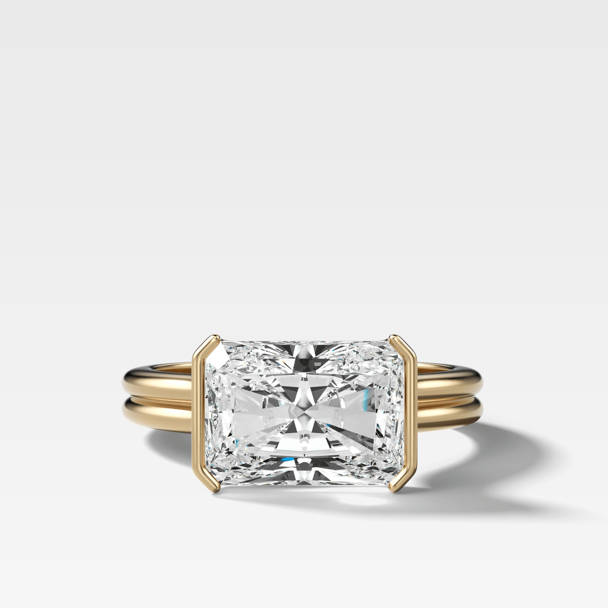 Double Row East West Half Bezel Solitaire Engagement Ring With Elongated Radiant Cut Diamond - GOODSTONE