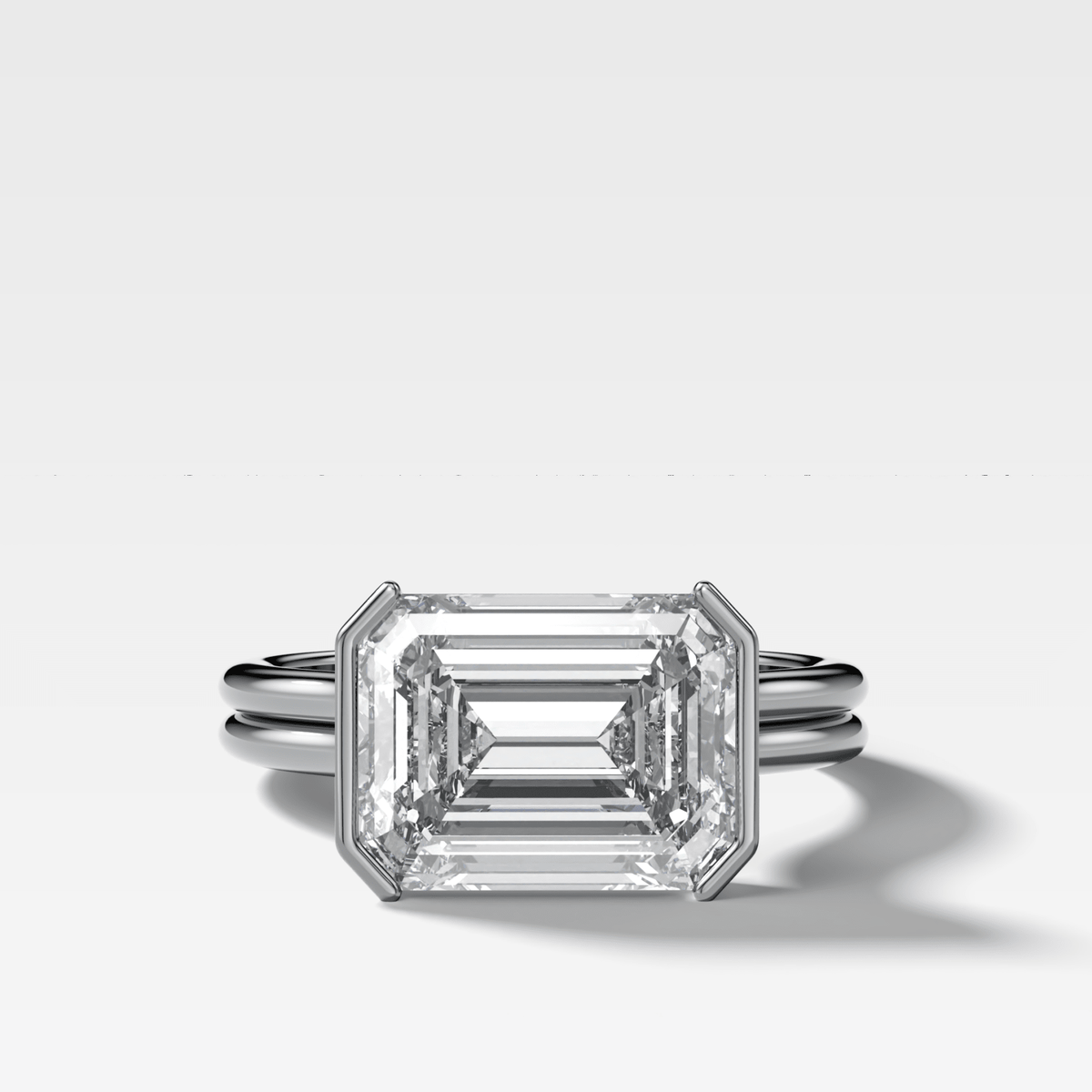 Double Row East West Half Bezel Solitaire Engagement Ring With Emerald Cut Diamond - GOODSTONE