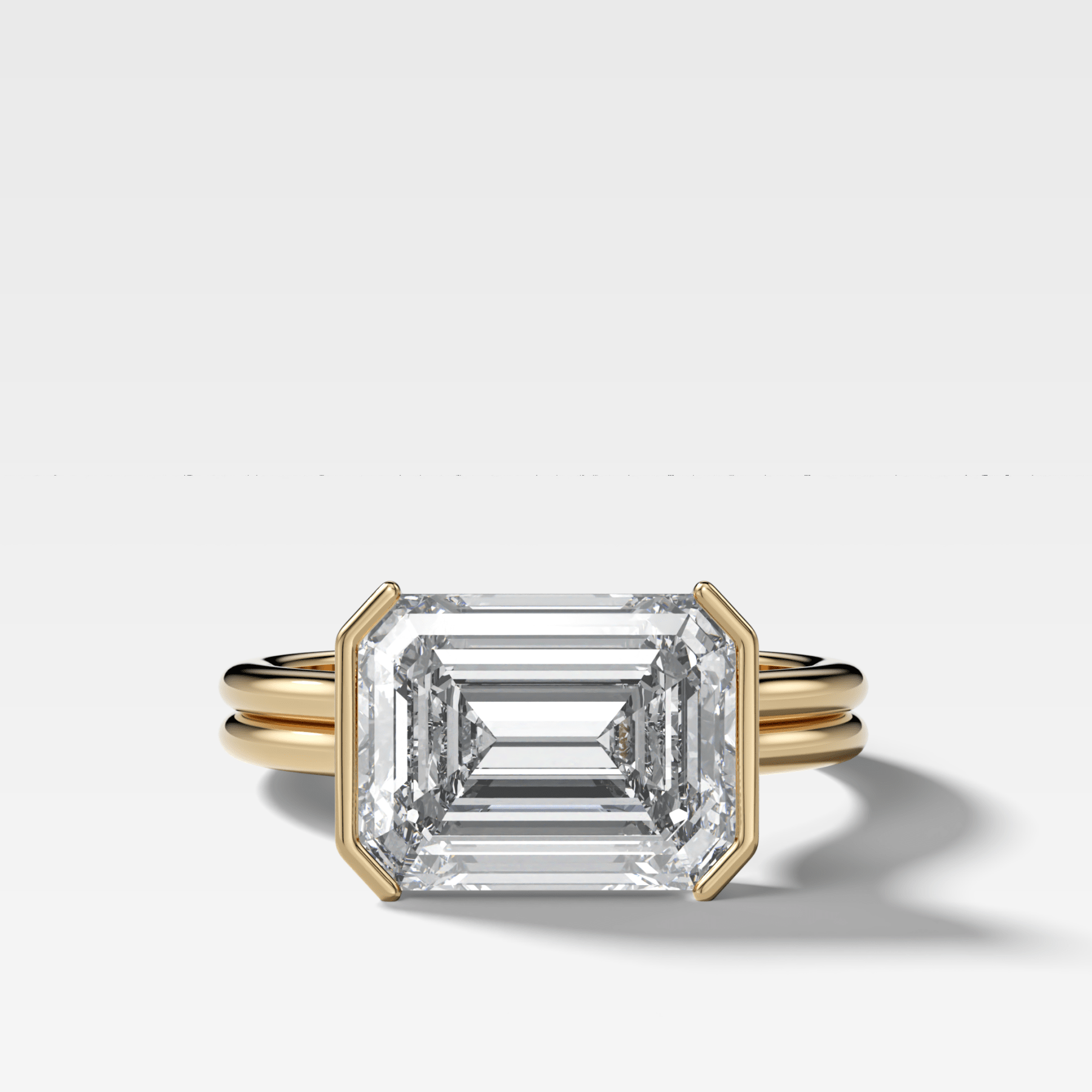 Double Row East West Half Bezel Solitaire Engagement Ring With Emerald Cut Diamond - GOODSTONE