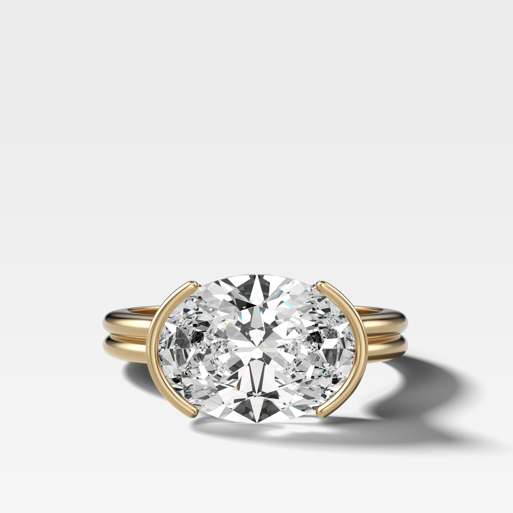 Double Row East West Half Bezel Solitaire Engagement Ring With Oval Cut Diamond - GOODSTONE