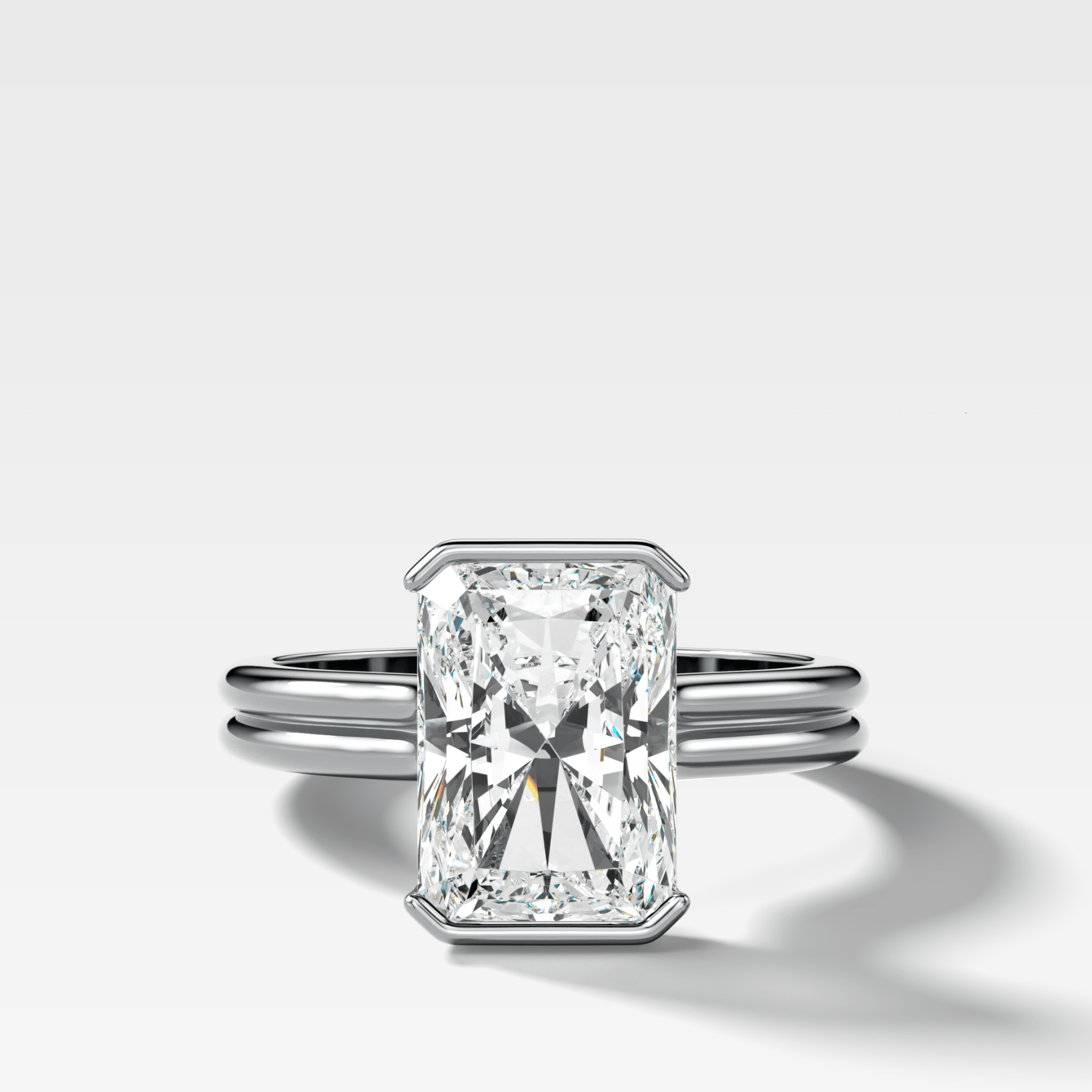 Double Row Half Bezel Solitaire Engagement Ring With Elongated Radiant Cut Diamond - GOODSTONE