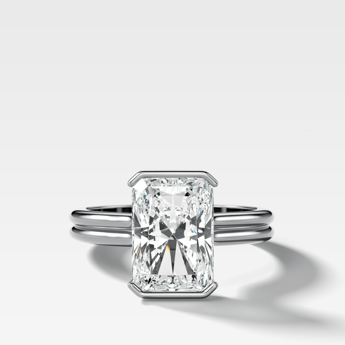 Double Row Half Bezel Solitaire Engagement Ring With Elongated Radiant Cut Diamond - GOODSTONE
