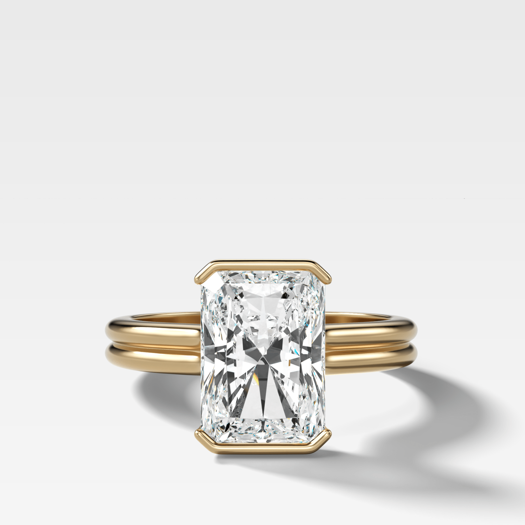Double Row Half Bezel Solitaire Engagement Ring With Elongated Radiant Cut Diamond - GOODSTONE