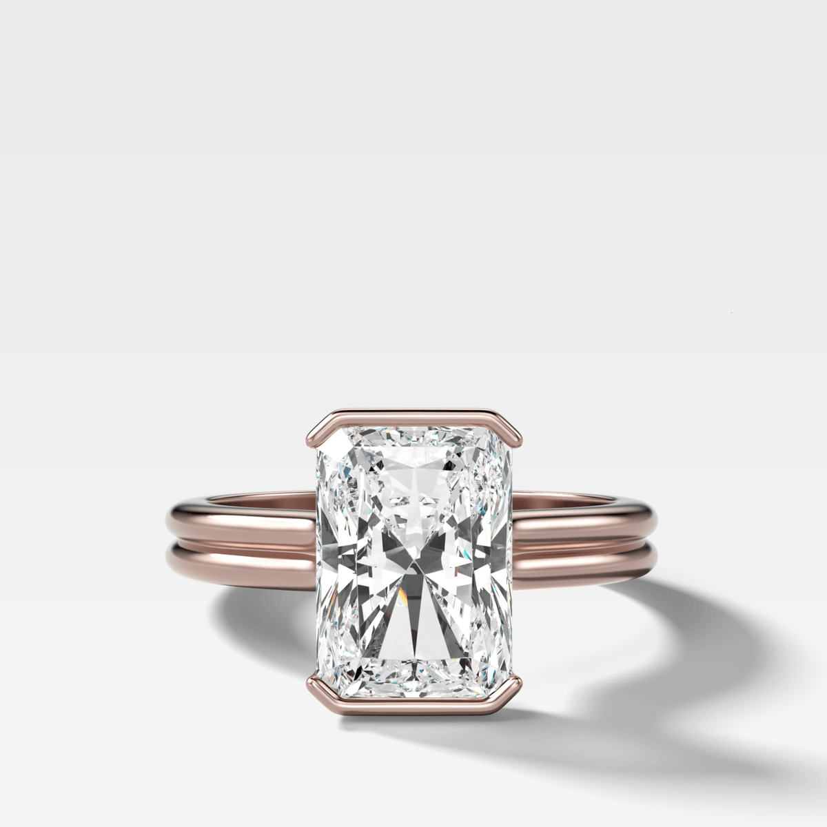 Double Row Half Bezel Solitaire Engagement Ring With Elongated Radiant Cut Diamond - GOODSTONE