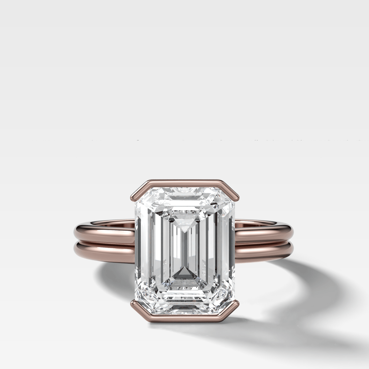 Double Row Half Bezel Solitaire Engagement Ring With Emerald Cut Diamond - GOODSTONE