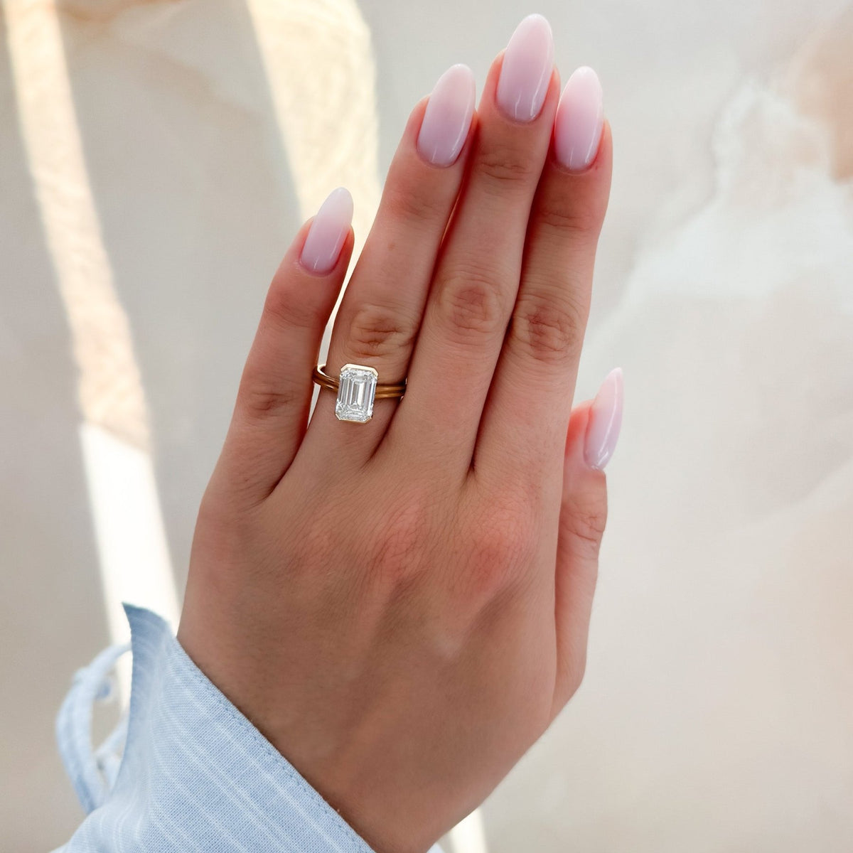 Double Row Half Bezel Solitaire Engagement Ring With Emerald Cut Diamond - GOODSTONE