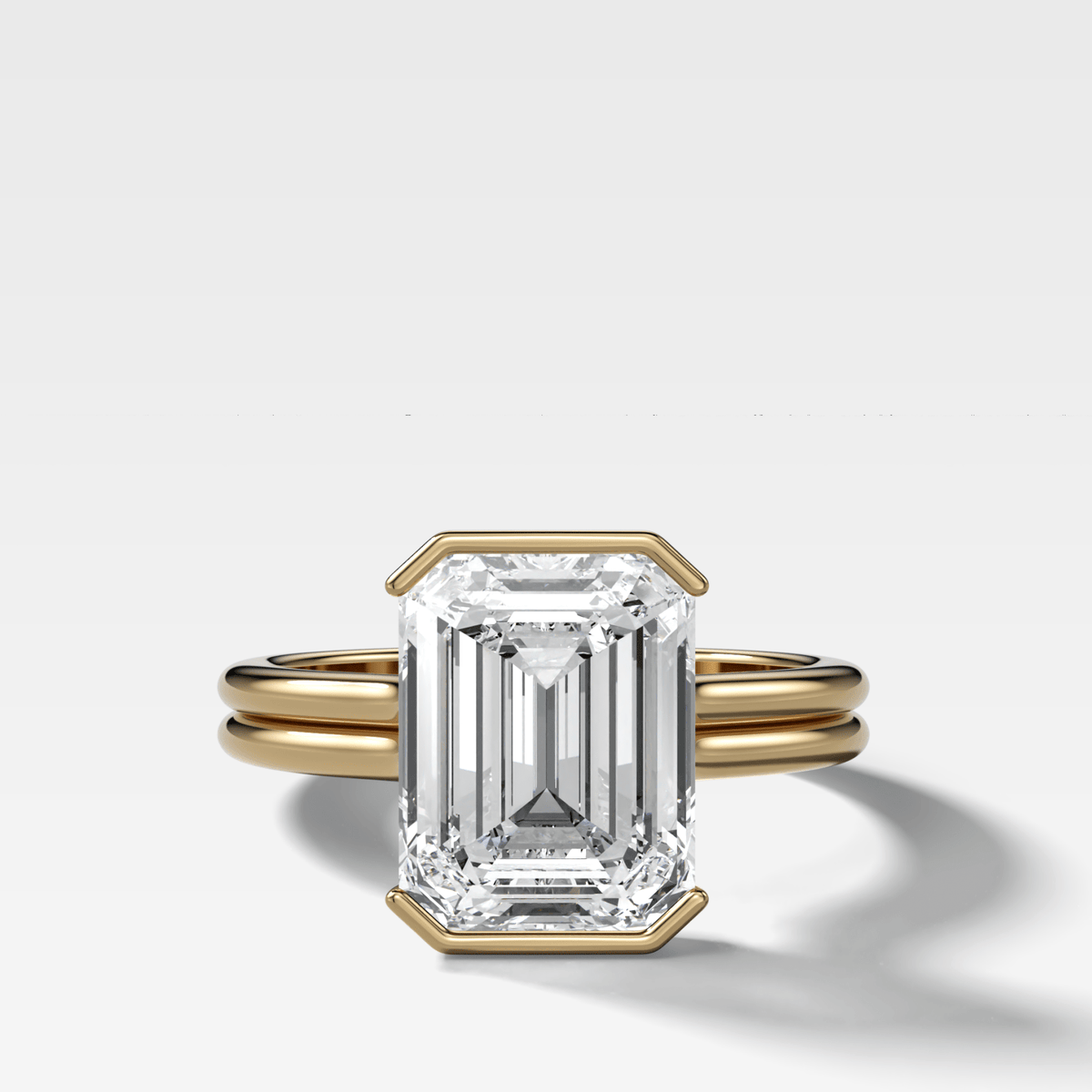 Double Row Half Bezel Solitaire Engagement Ring With Emerald Cut Diamond - GOODSTONE