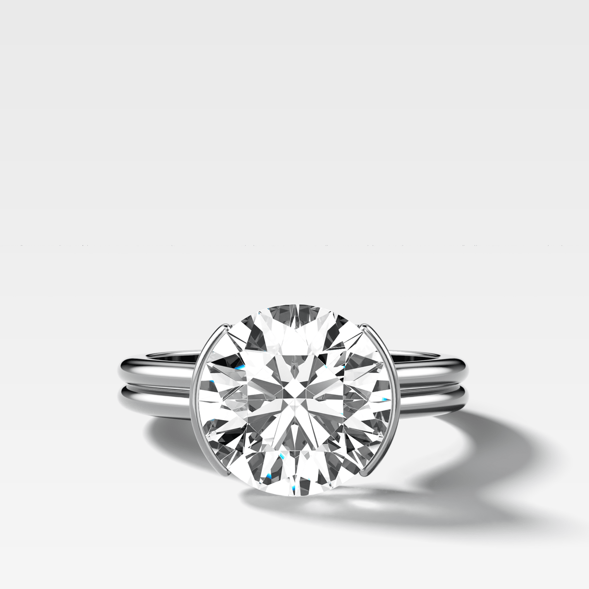 Double Row Half Bezel Solitaire Engagement Ring With Round Cut Diamond - GOODSTONE