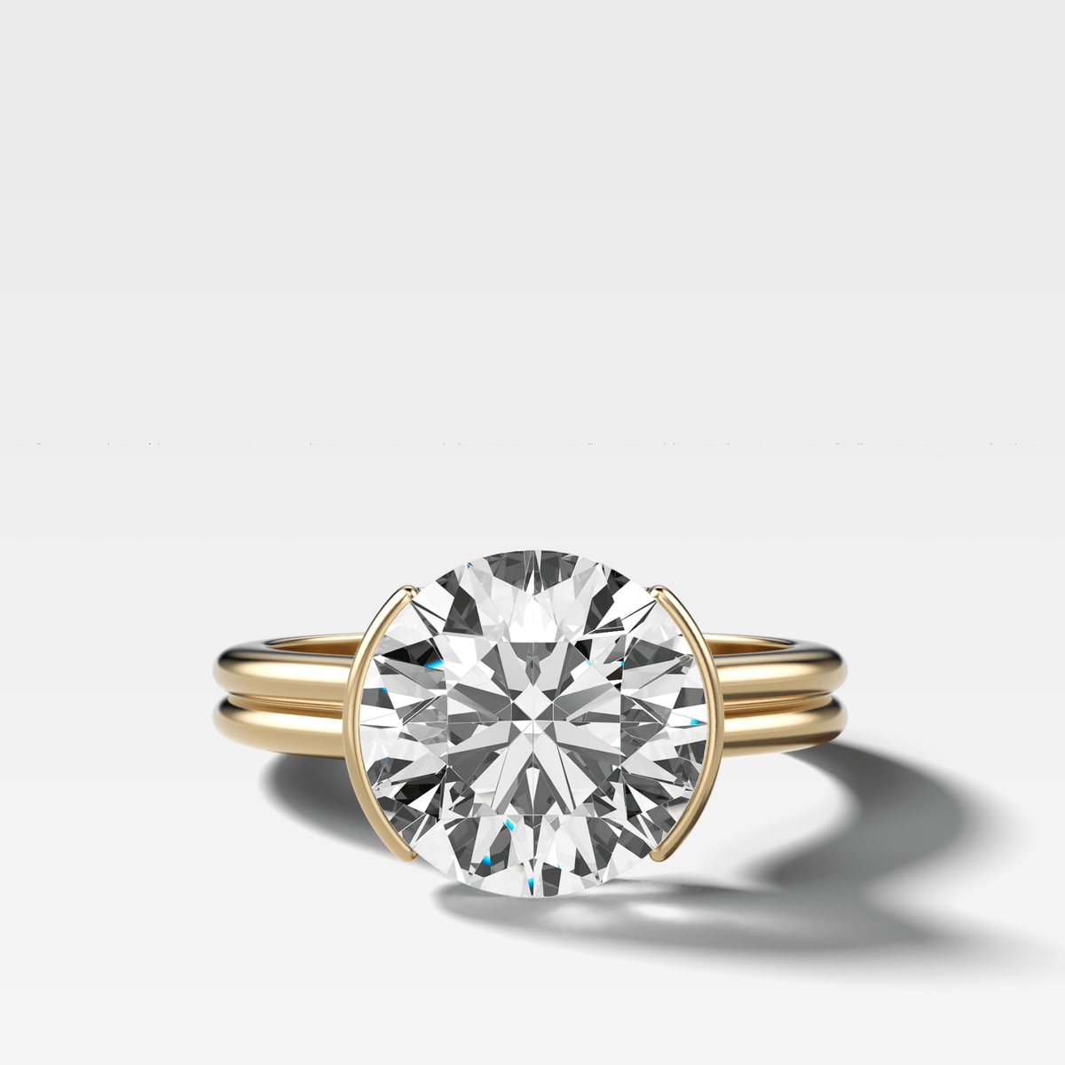 Double Row Half Bezel Solitaire Engagement Ring With Round Cut Diamond - GOODSTONE